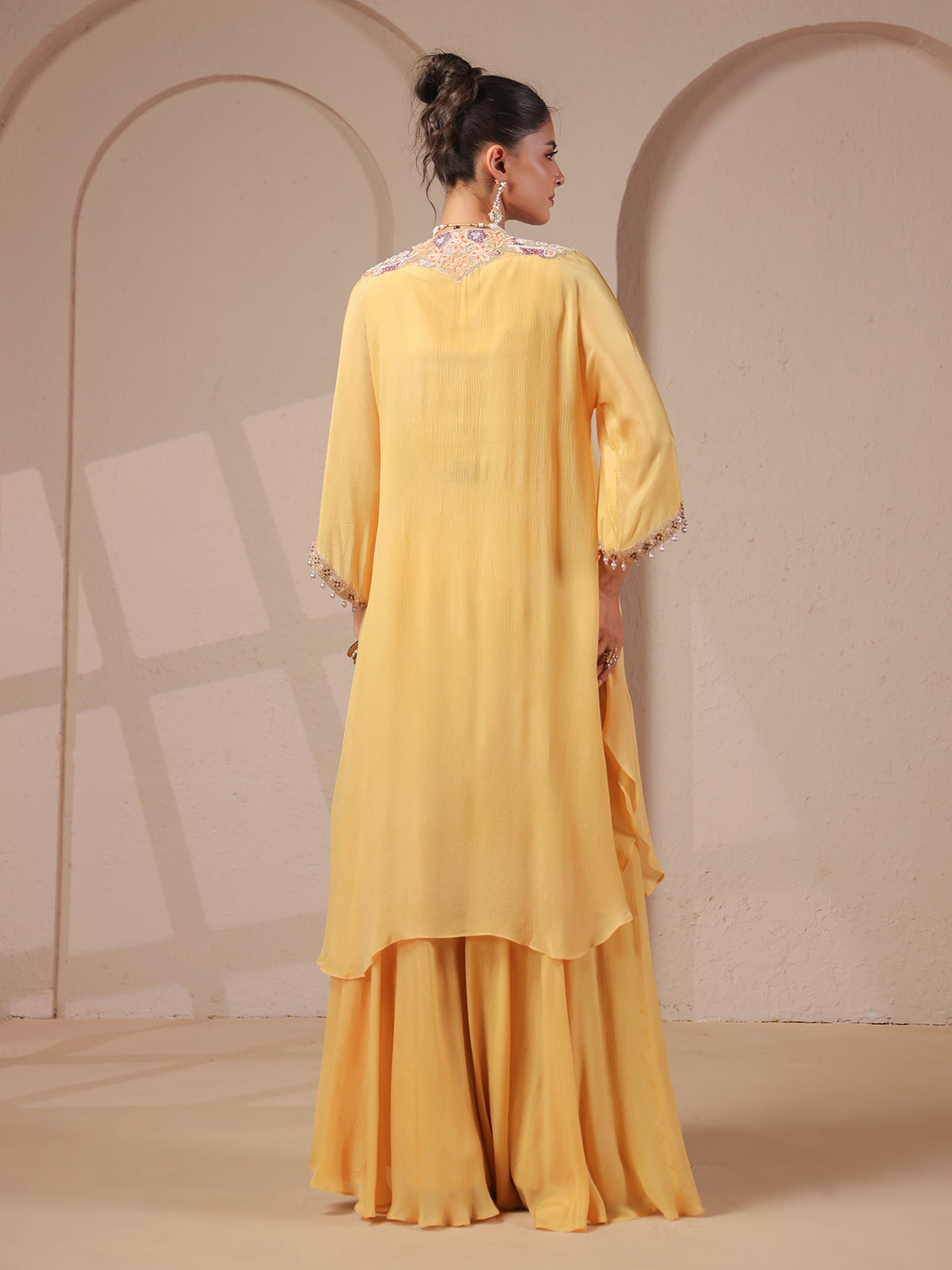 Light yellow handwork kurta bustier palazzo festive designer set