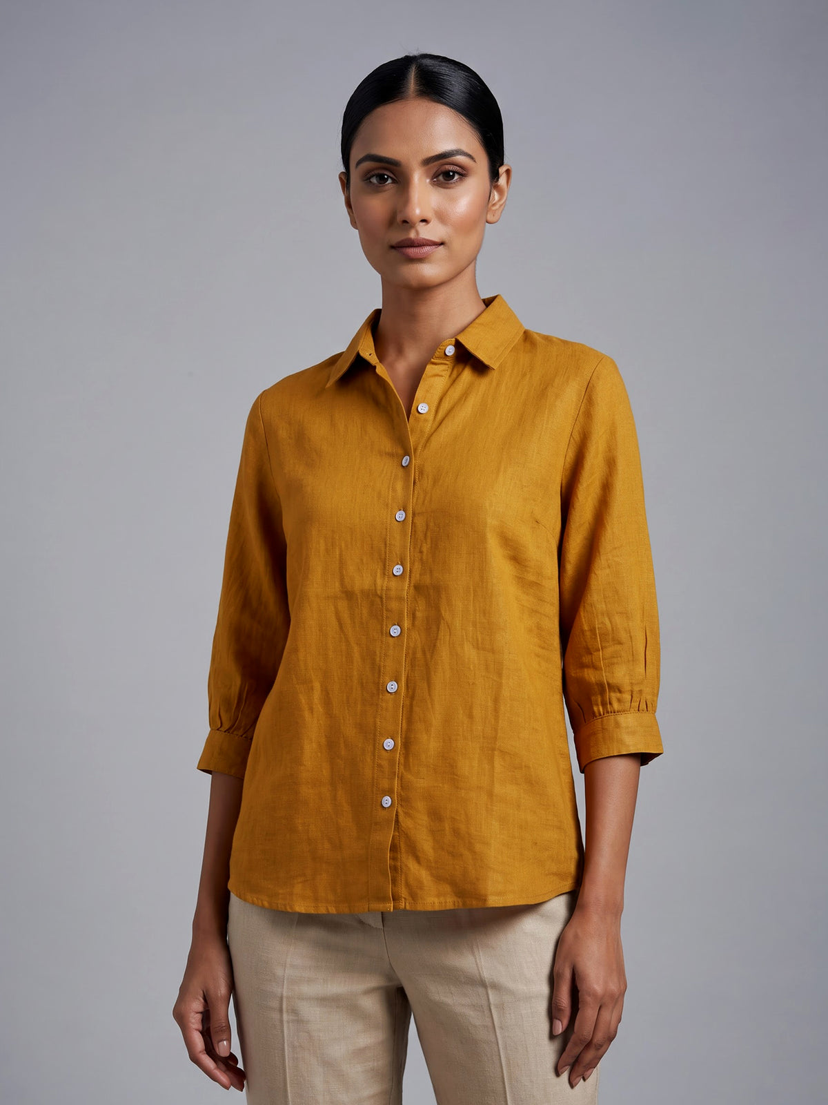 Mustard yellow linen women shirt