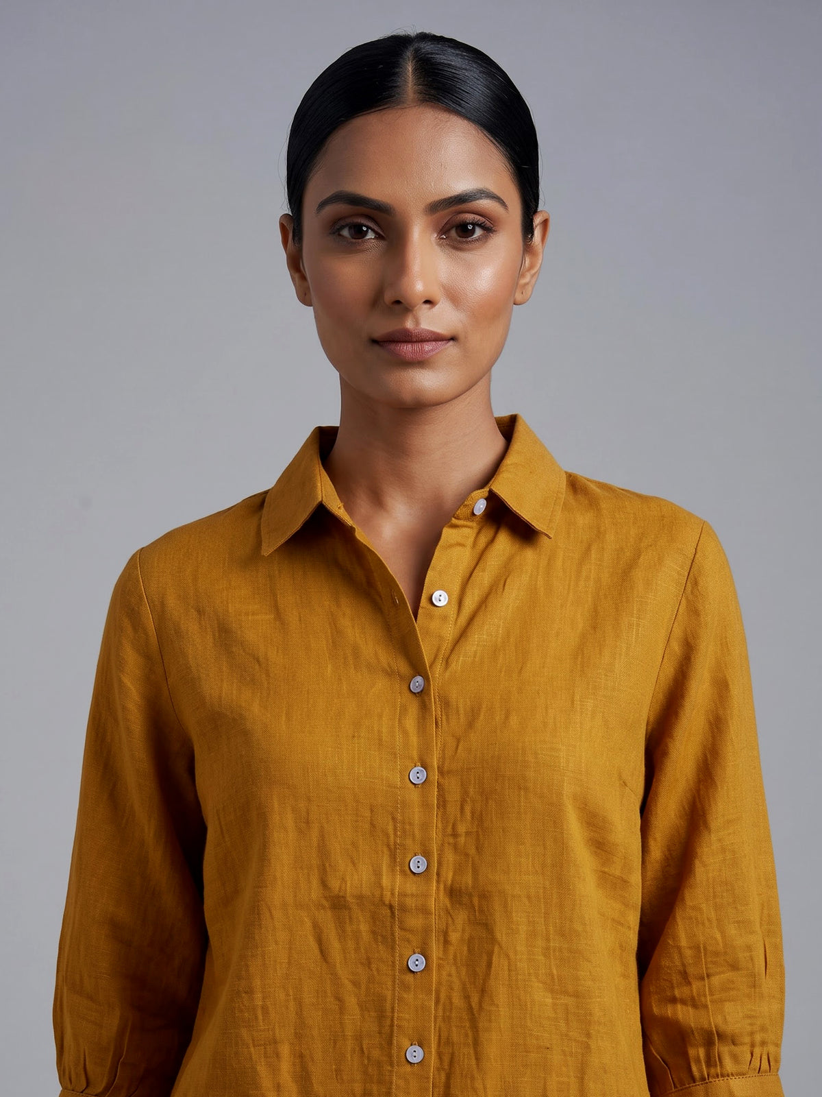 Mustard yellow linen women shirt