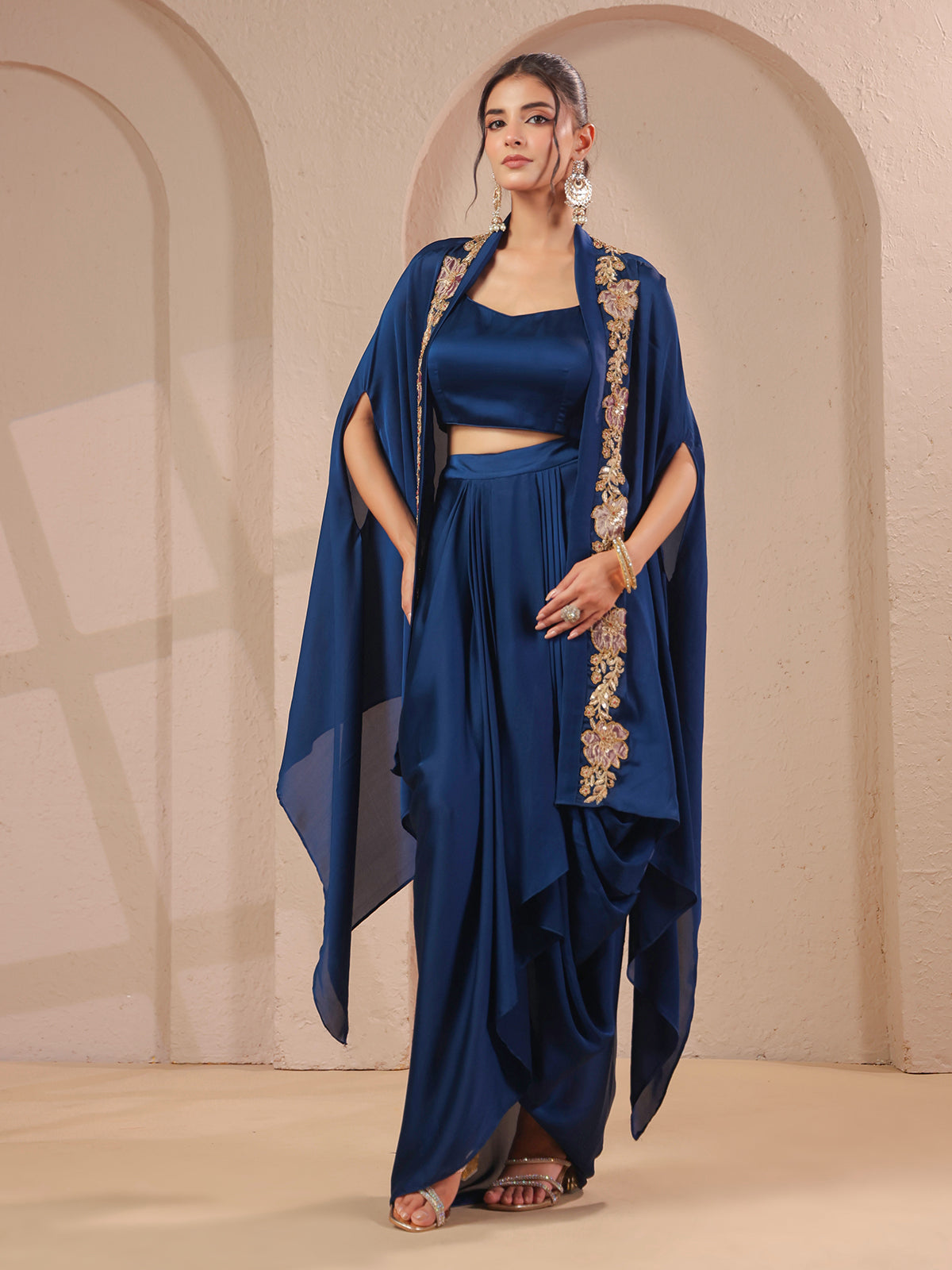 Royal blue handwork overlay bustier with designer drape skirt