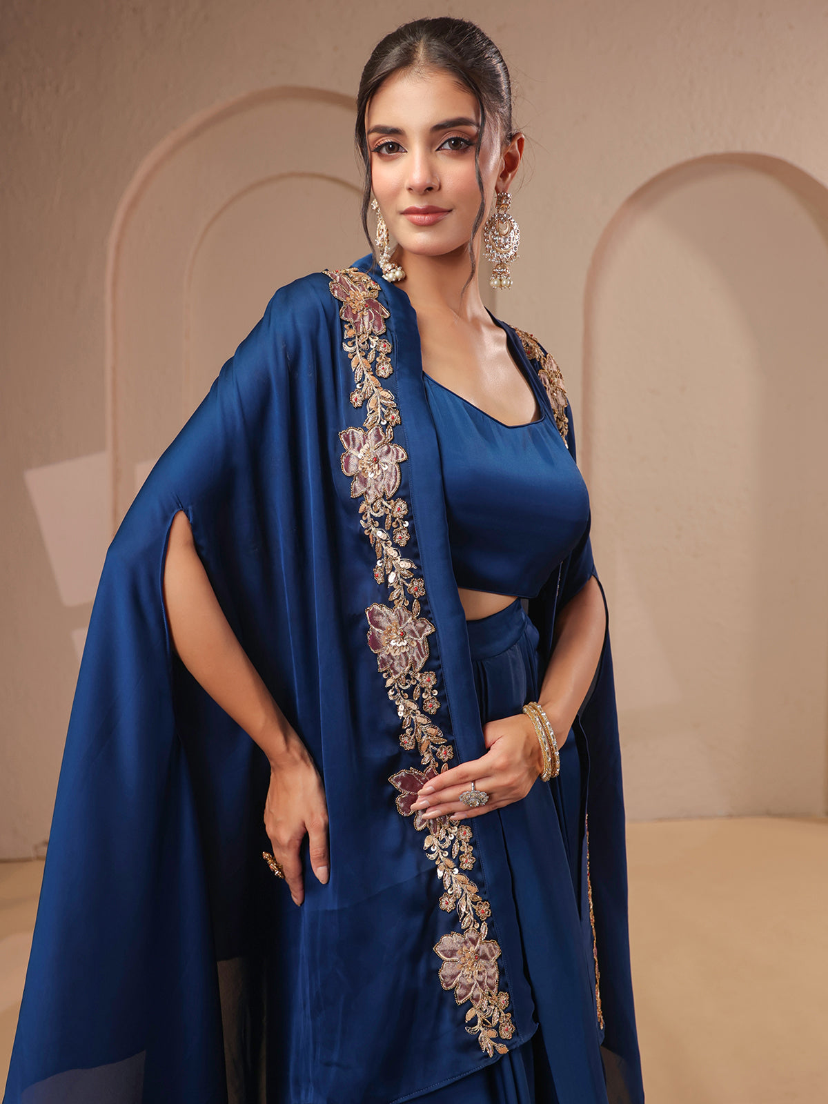 Royal blue handwork overlay bustier with designer drape skirt