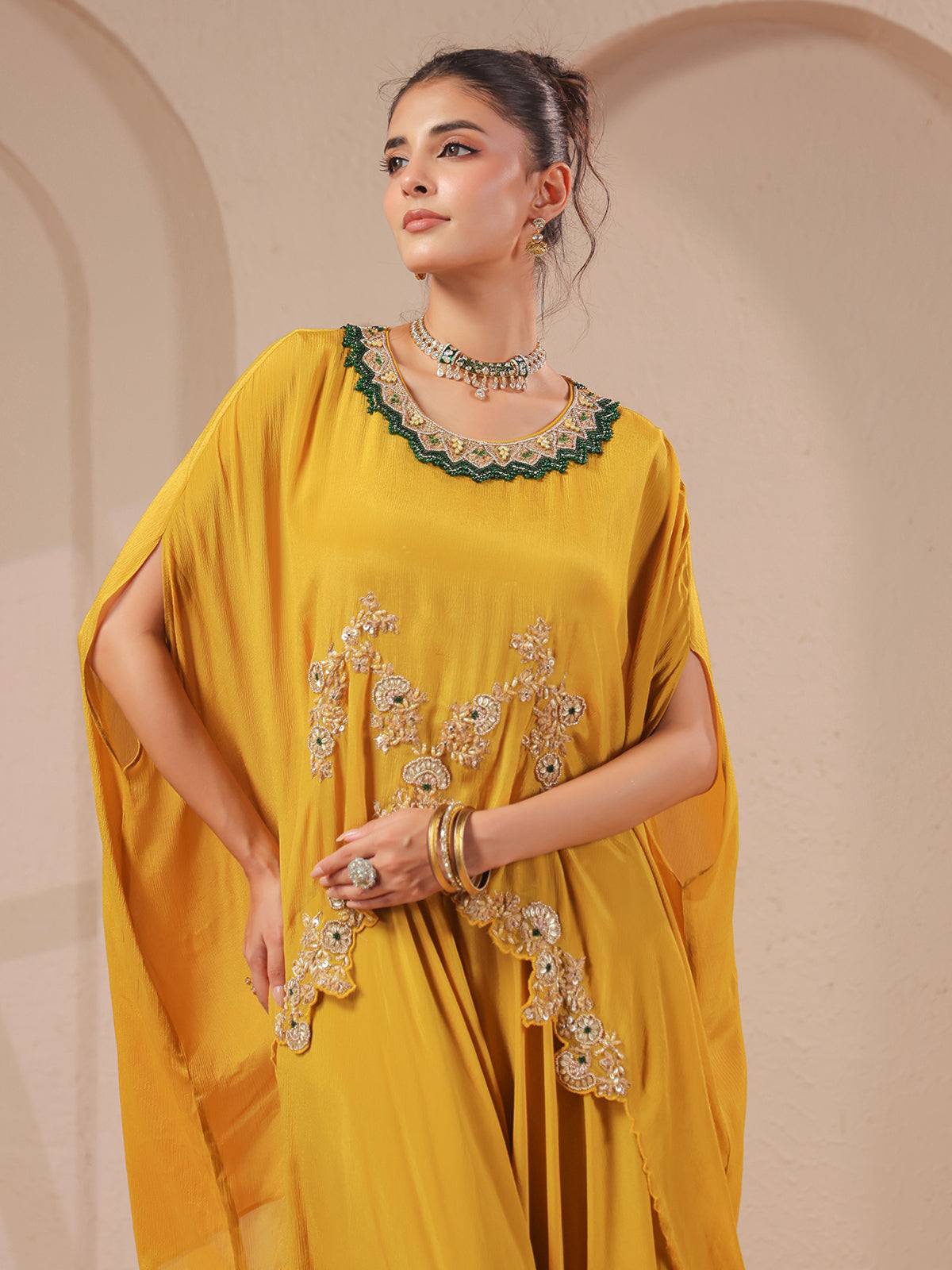 Mustard yellow handwork cape with elegant designer palazzo