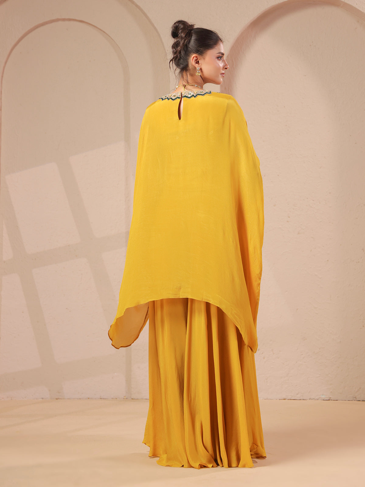 Mustard yellow handwork cape with elegant designer palazzo