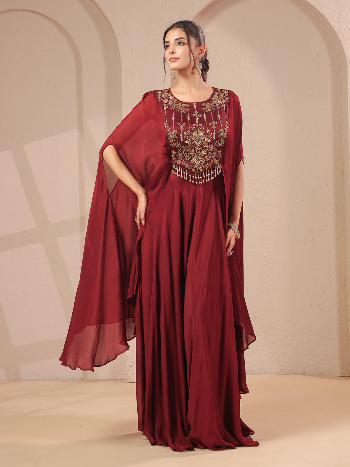 Maroon handwork bodice flared top with designer palazzo