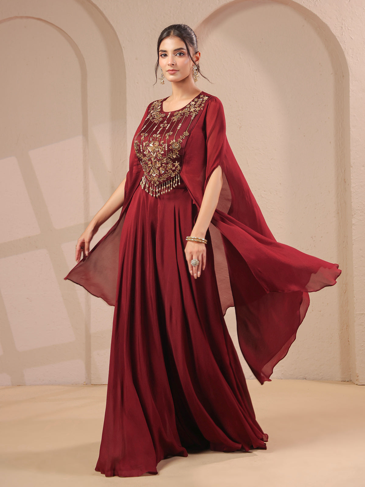 Maroon handwork bodice flared top with designer palazzo