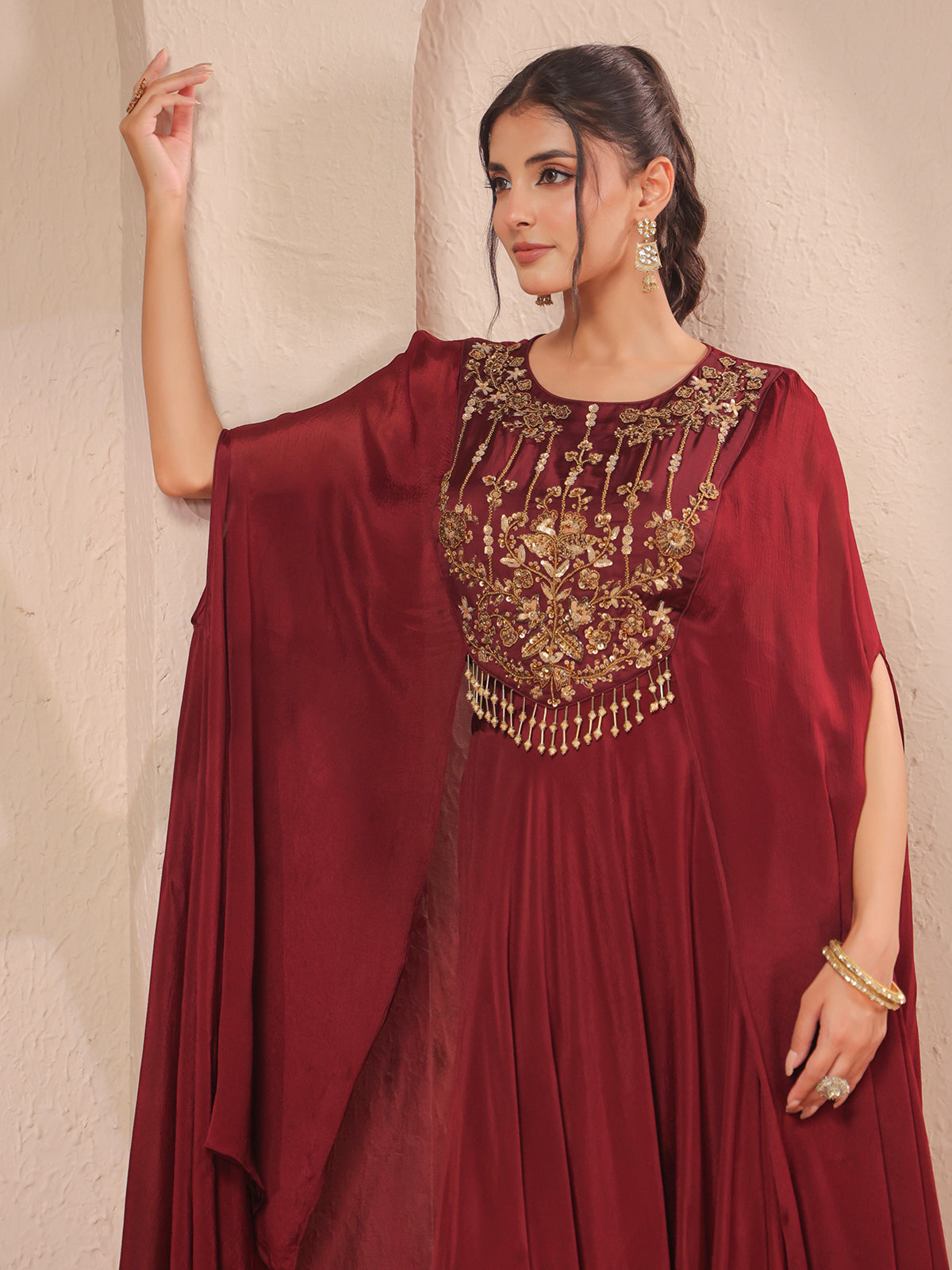 Maroon handwork bodice flared top with designer palazzo