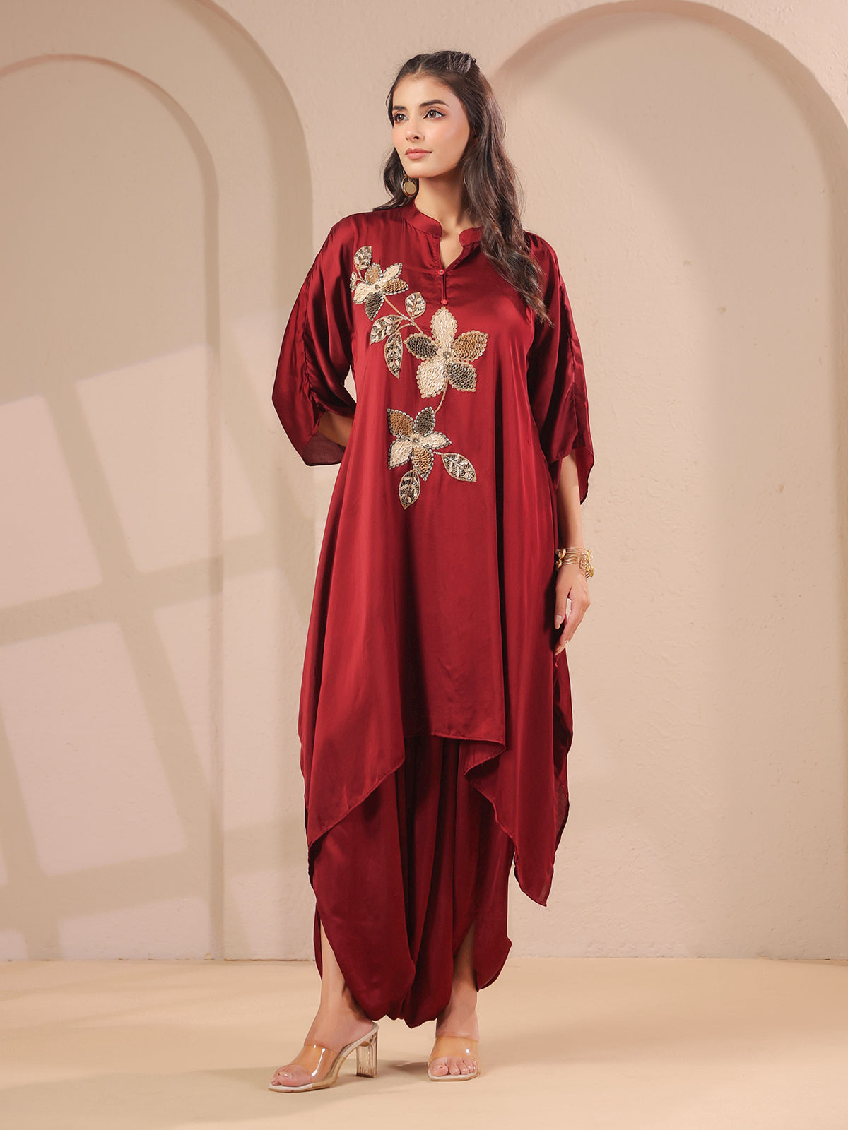 Maroon handwork kurti with contemporary dhoti pants