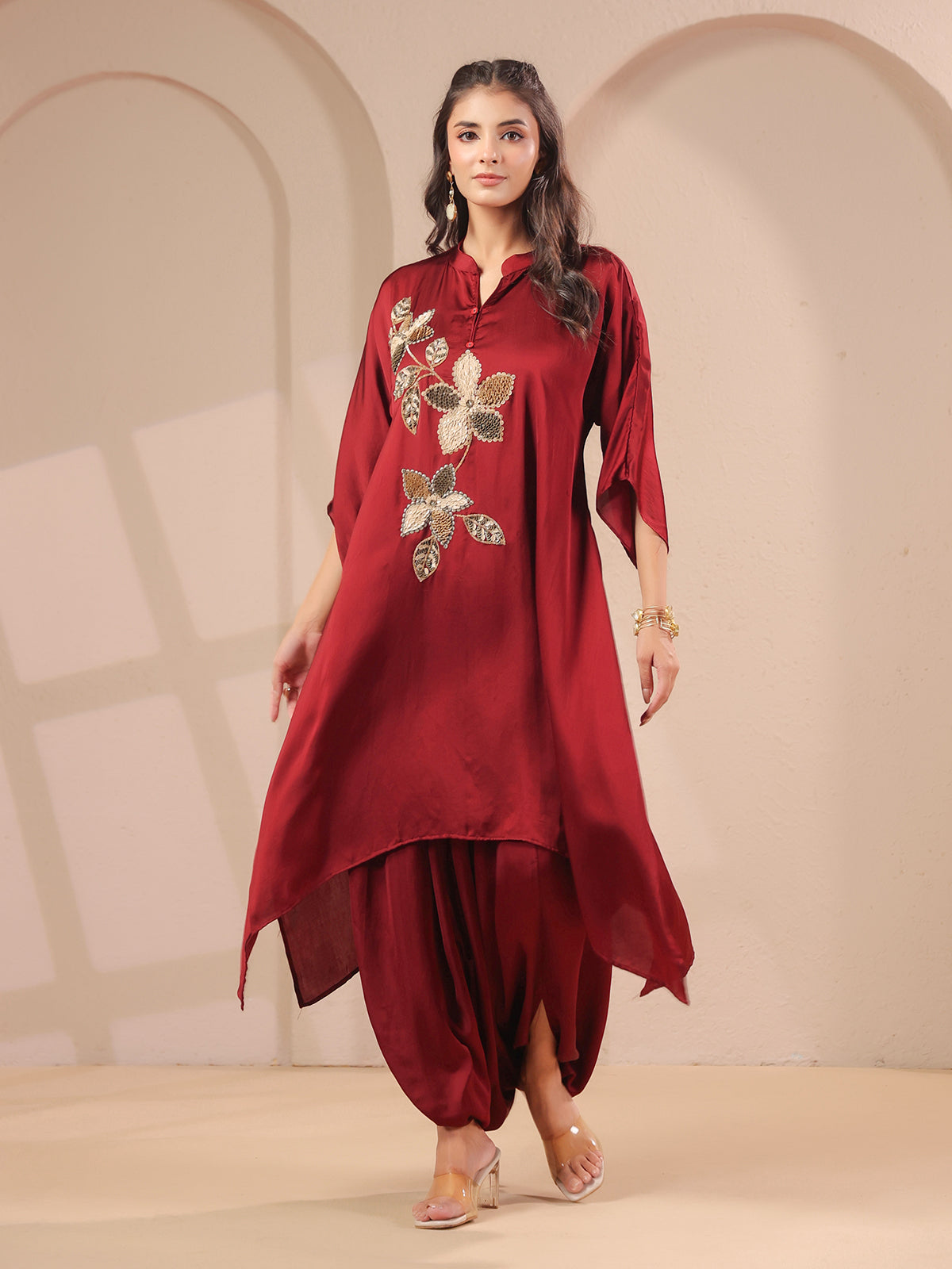 Maroon handwork kurti with contemporary dhoti pants