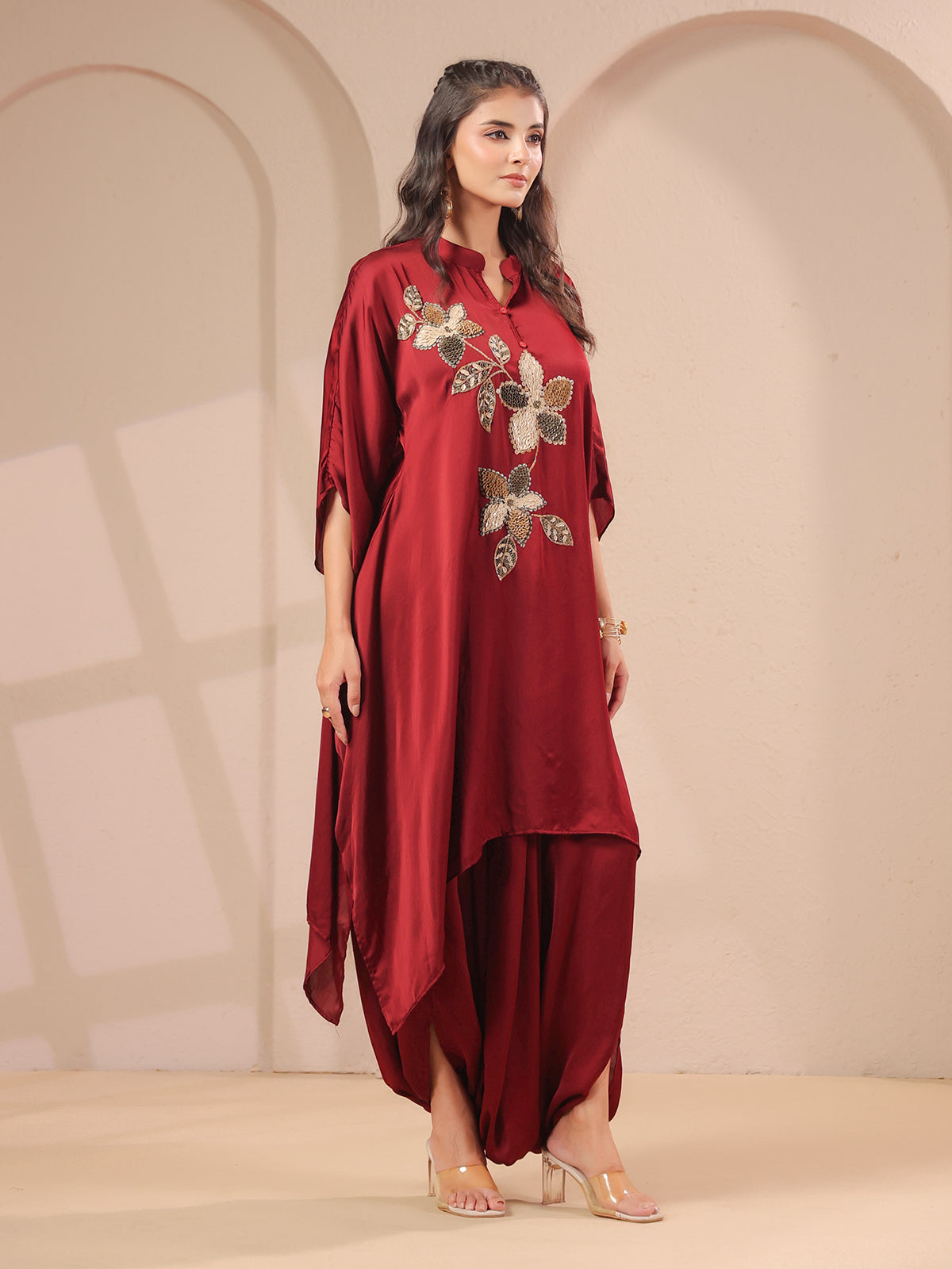Maroon handwork kurti with contemporary dhoti pants