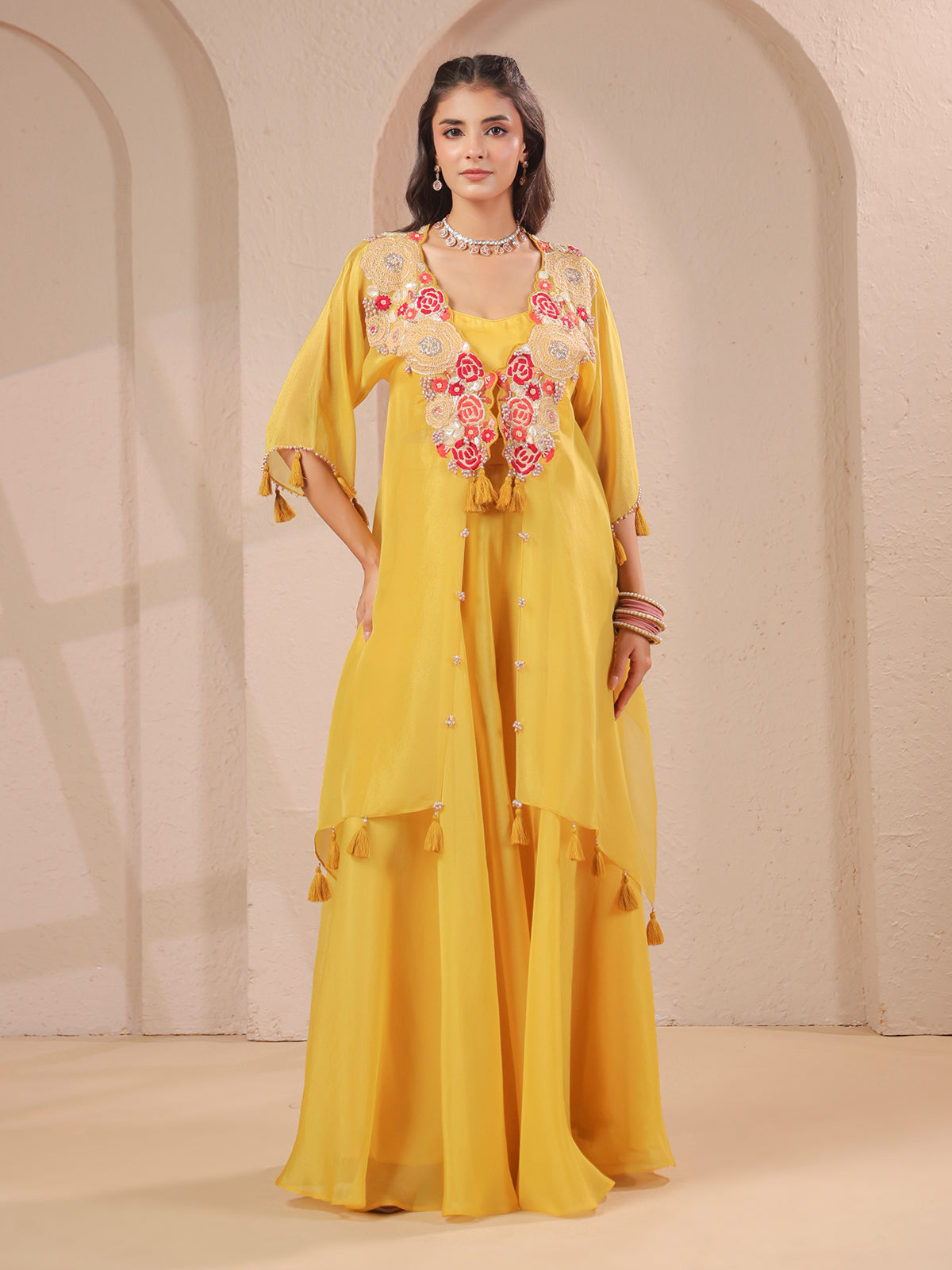 Mustard yellow handwork kurta bustier with shimmering palazzo