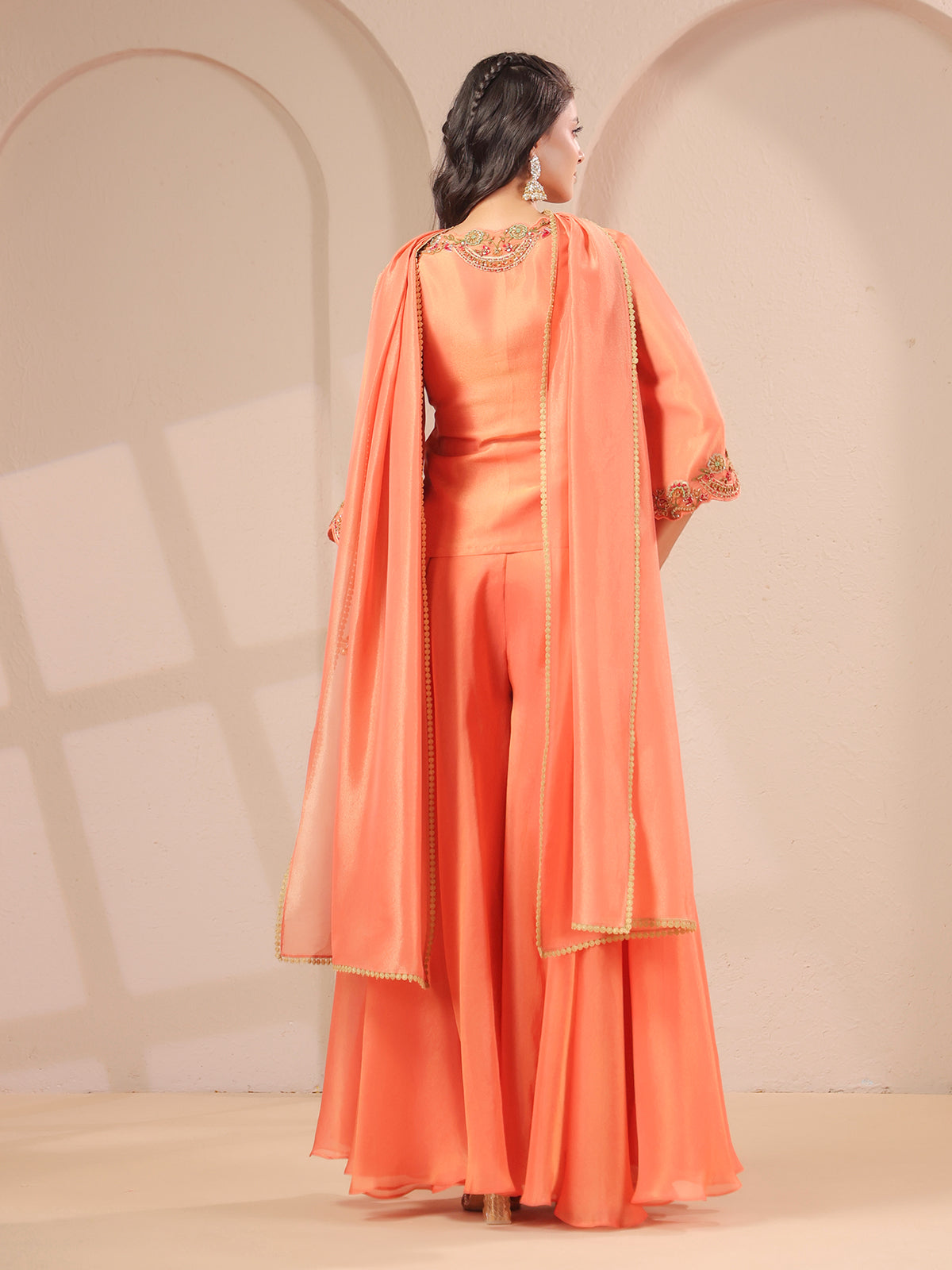 Peach scallop work top with draped dupatta and palazzo