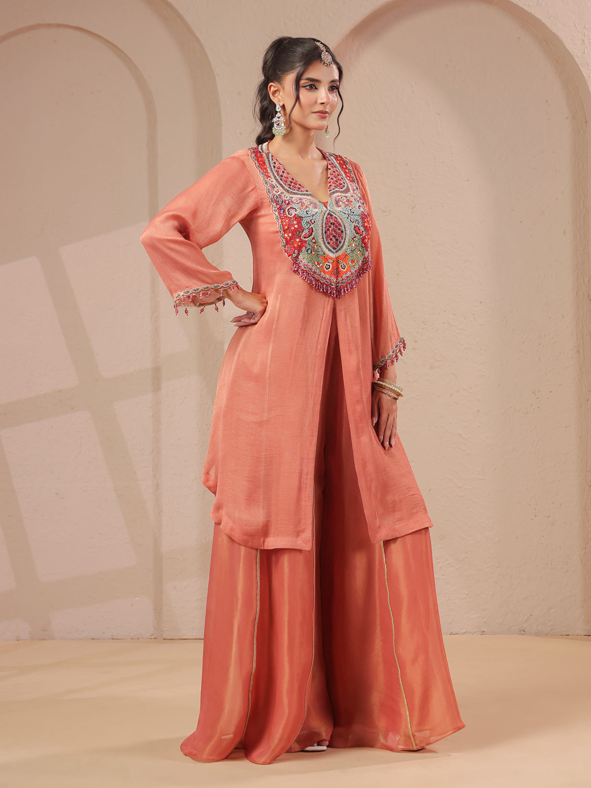 Peach handwork kurta palazzo set with shimmering organza
