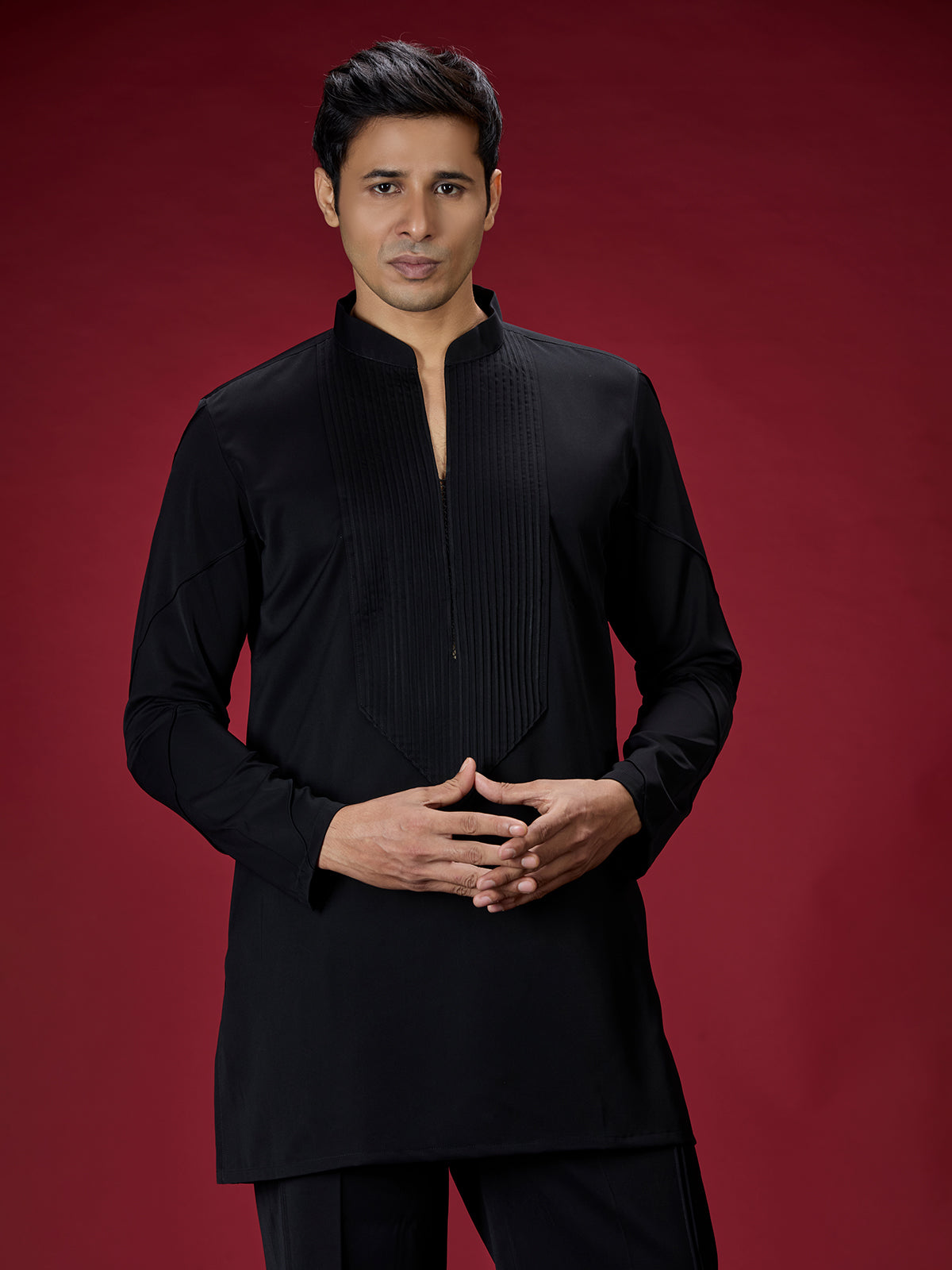 Black geometric embroidered mens kurta suit