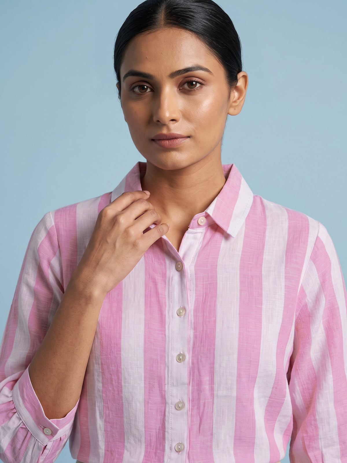 White pink linen women shirt
