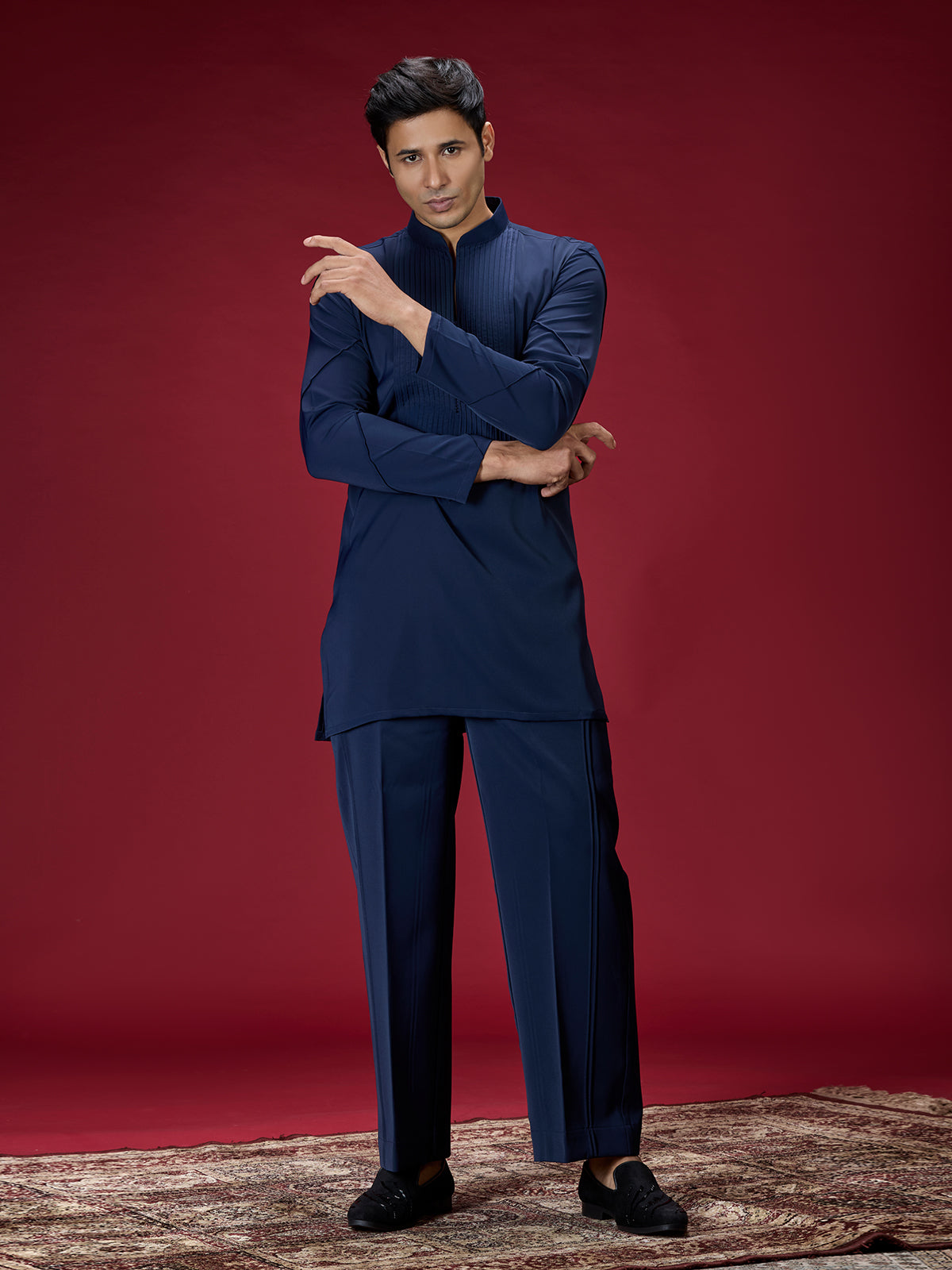 Navy blue tailored mens kurta suit