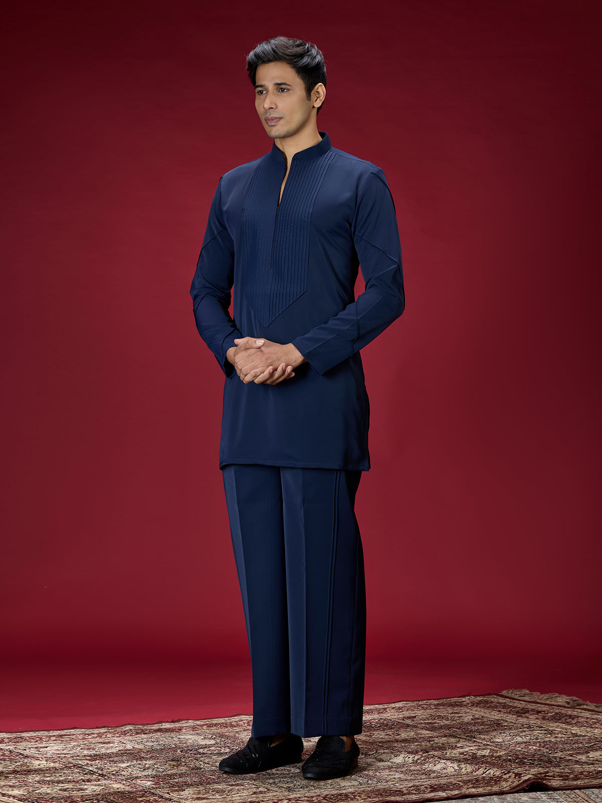 Navy blue tailored mens kurta suit
