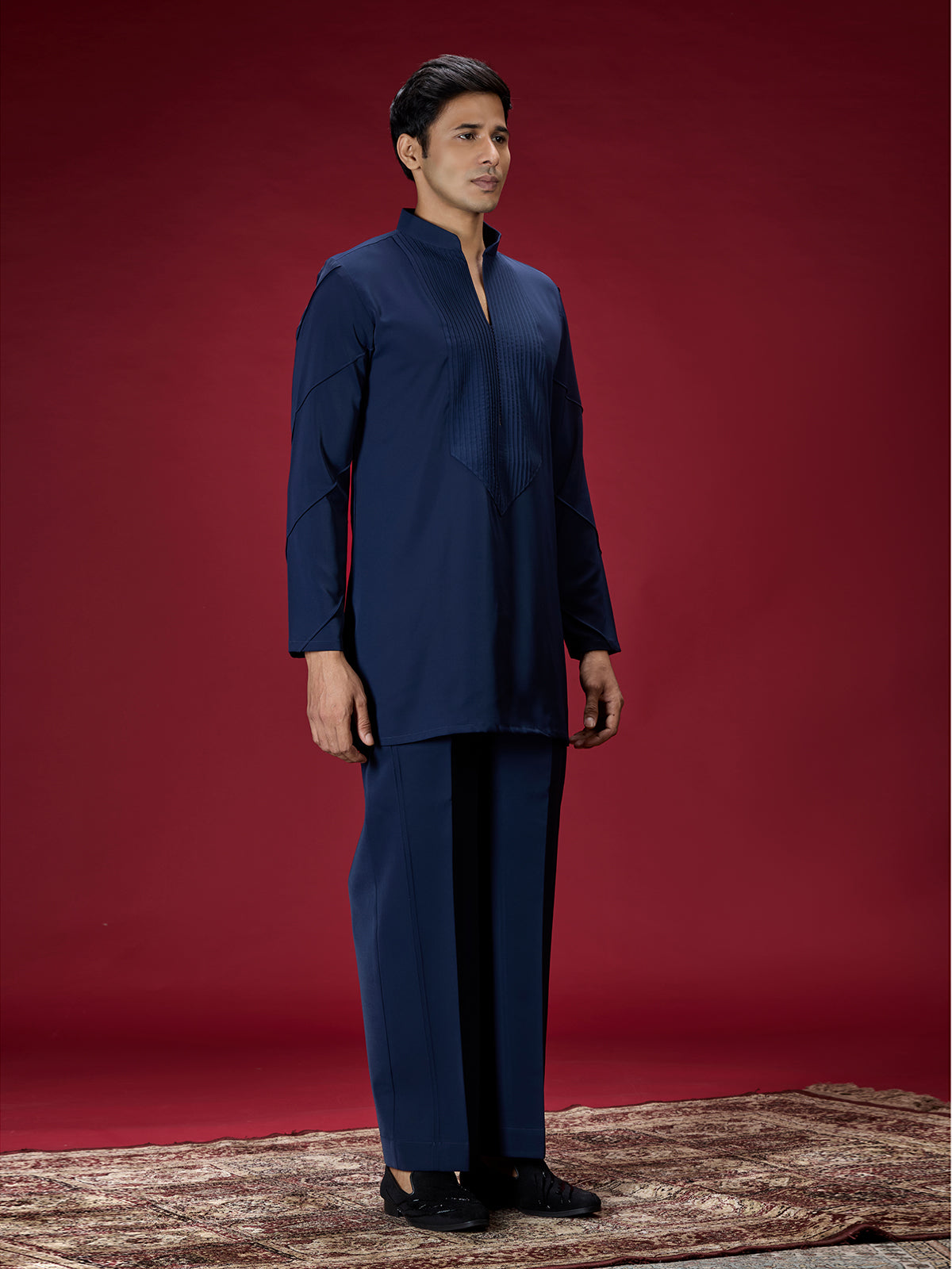 Navy blue tailored mens kurta suit