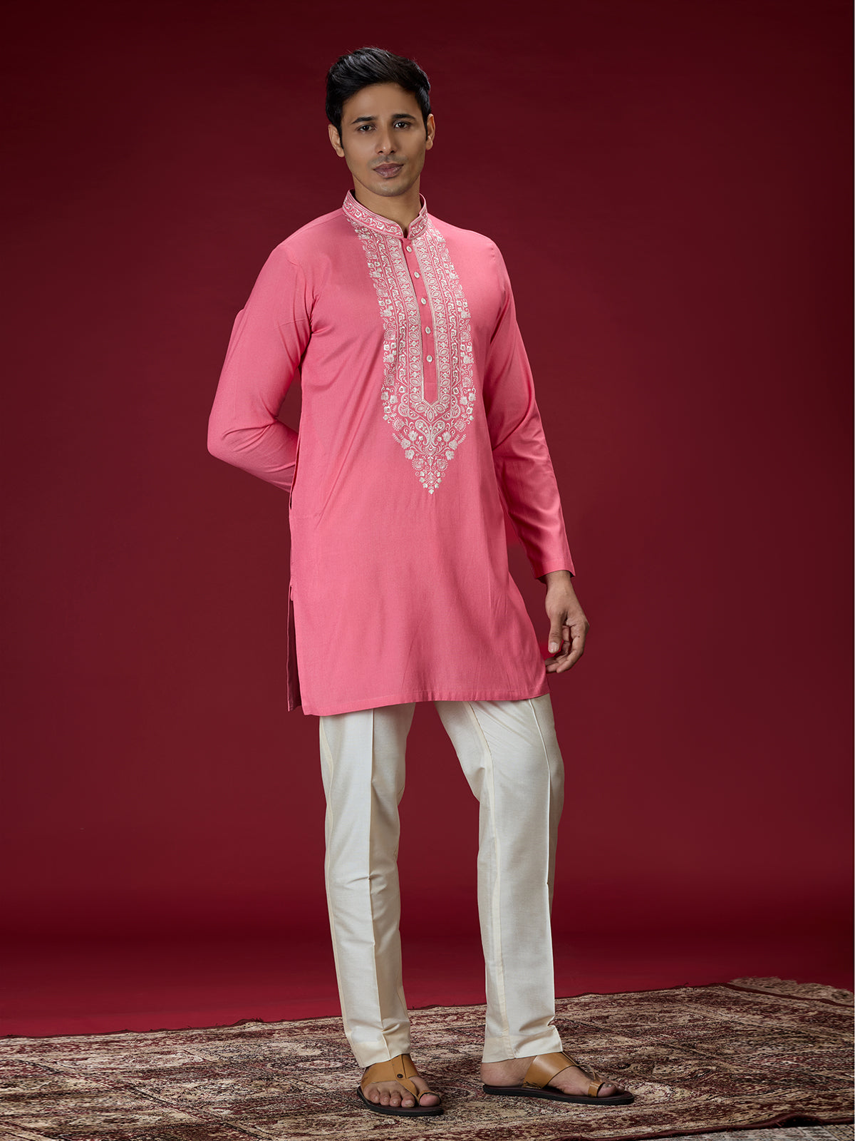 Hot pink mughal embroidered mens kurta suit