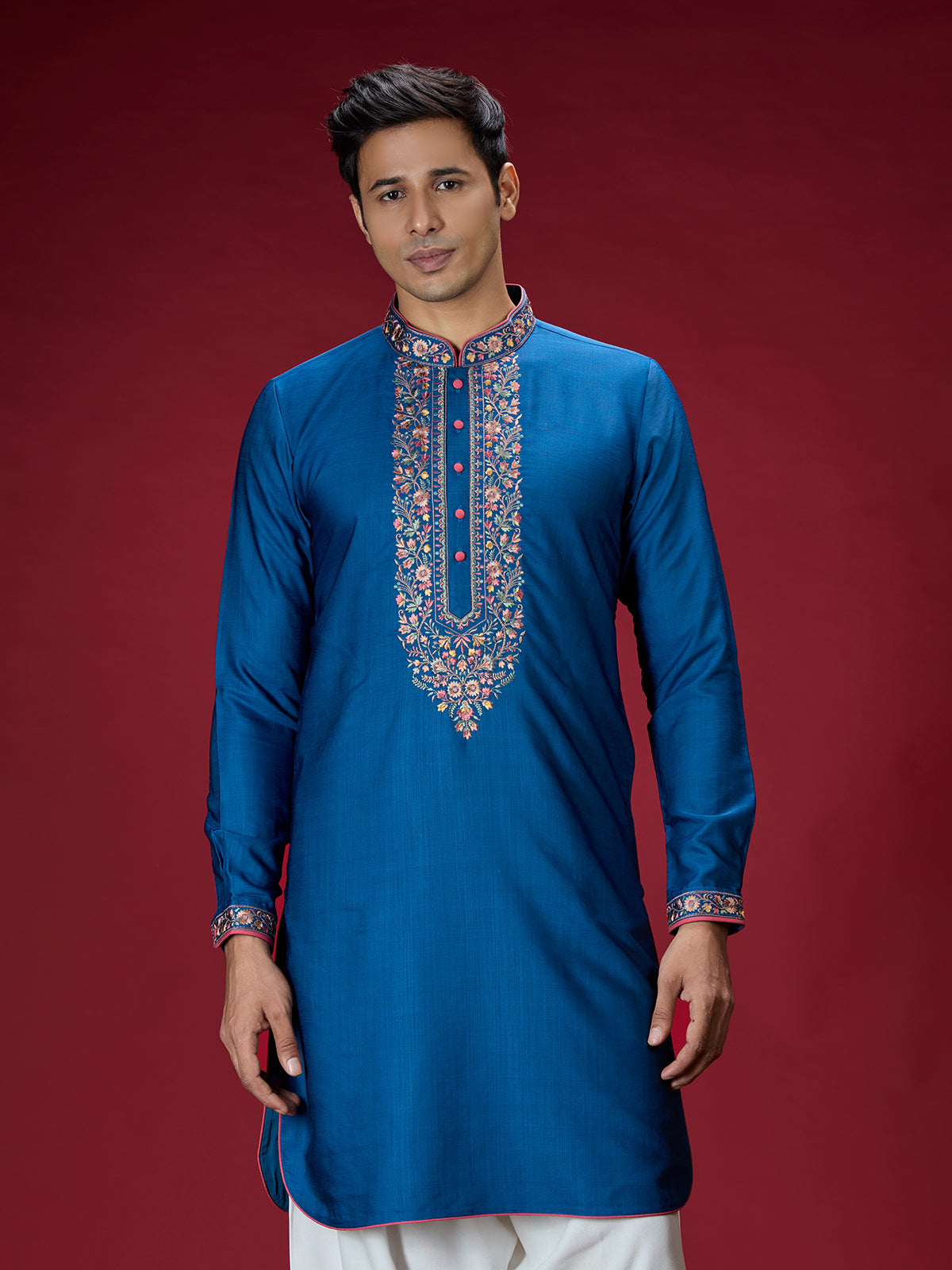 Blue persian floral mens kurta pajama
