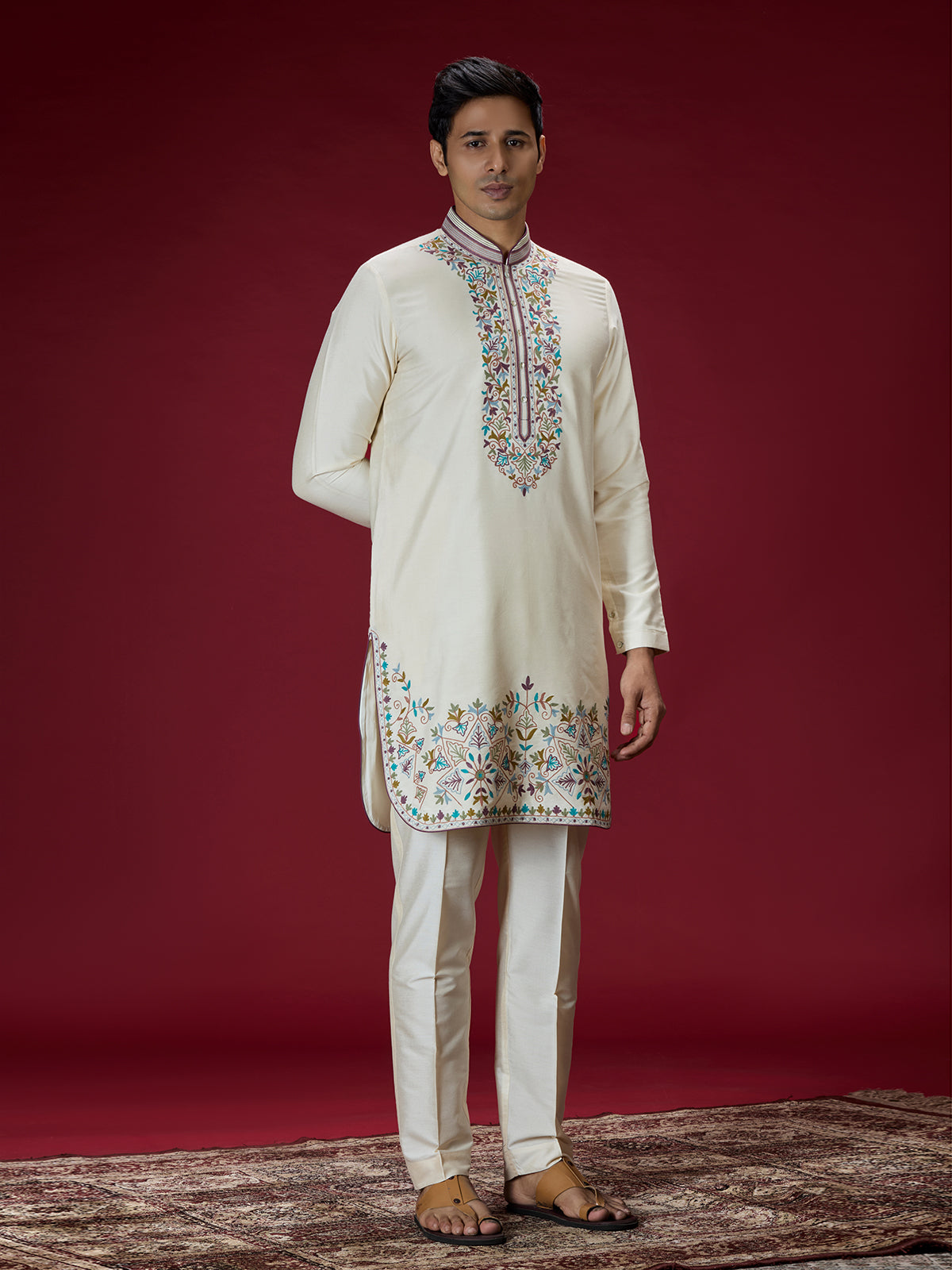 Cream persian floral mens kurta suit