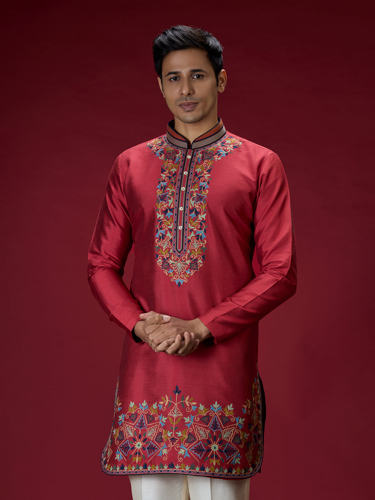 Deep maroon persian embroidered mens kurta suit
