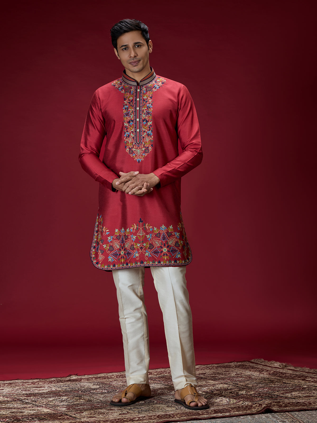 Deep maroon persian embroidered mens kurta suit