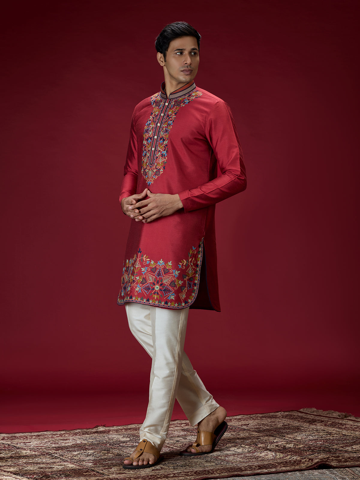 Deep maroon persian embroidered mens kurta suit