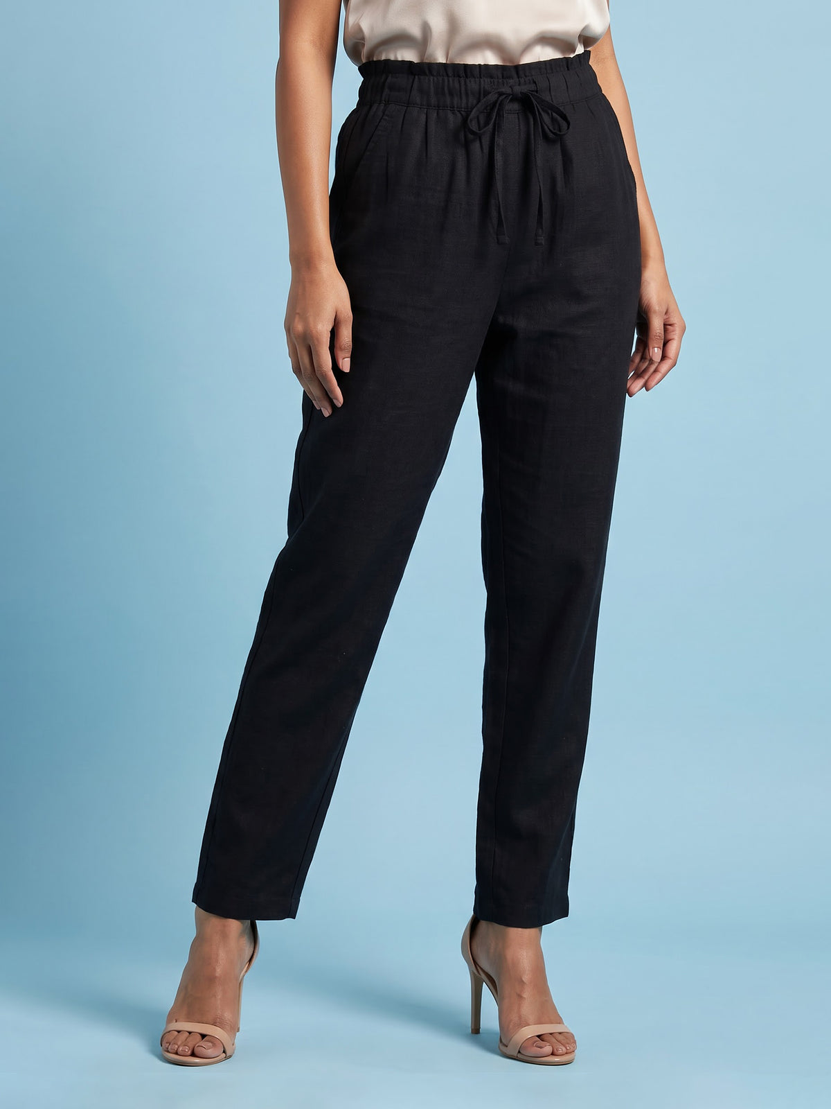 Black cotton linen womens ankle pant