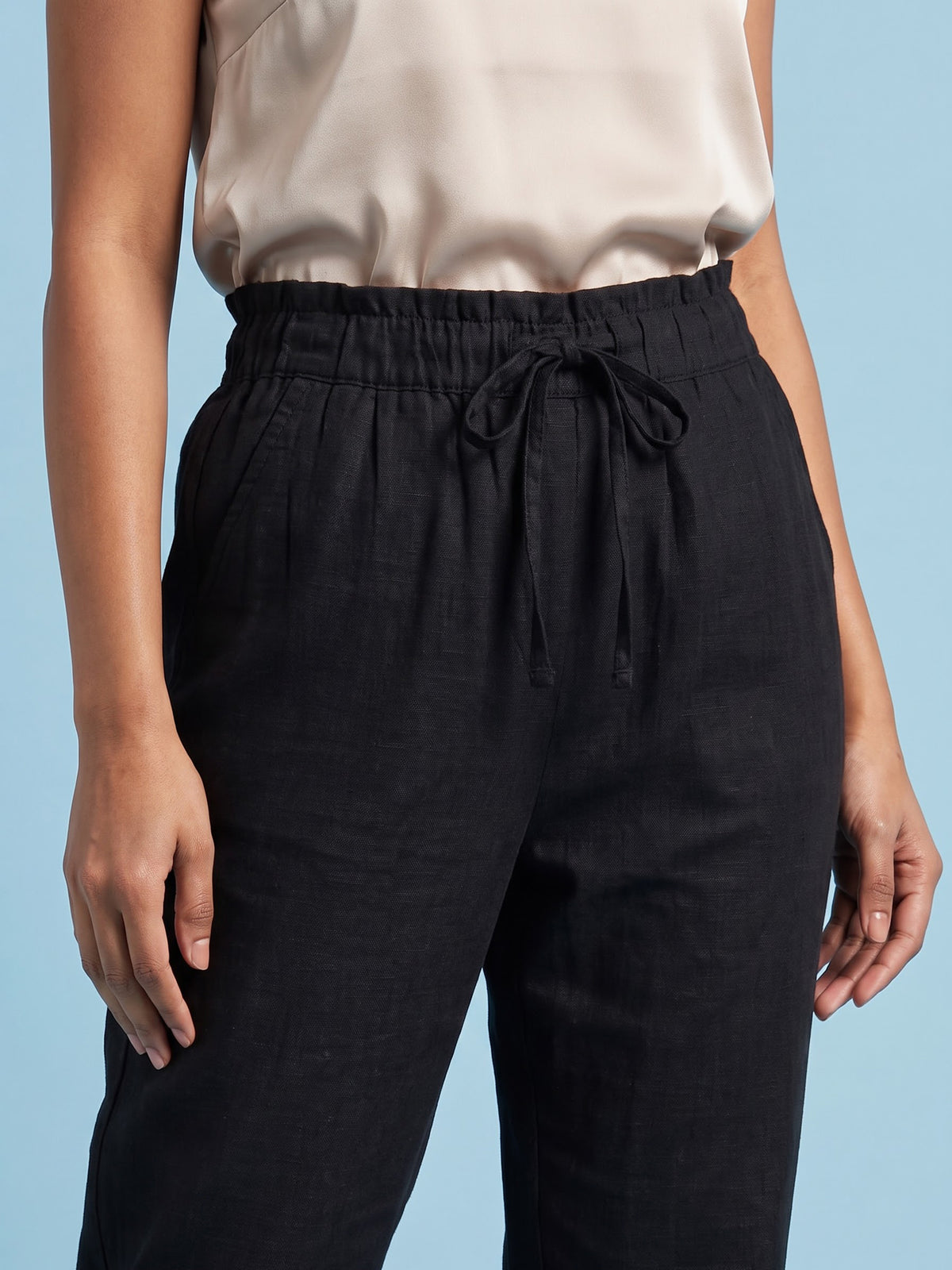 Black cotton linen womens ankle pant
