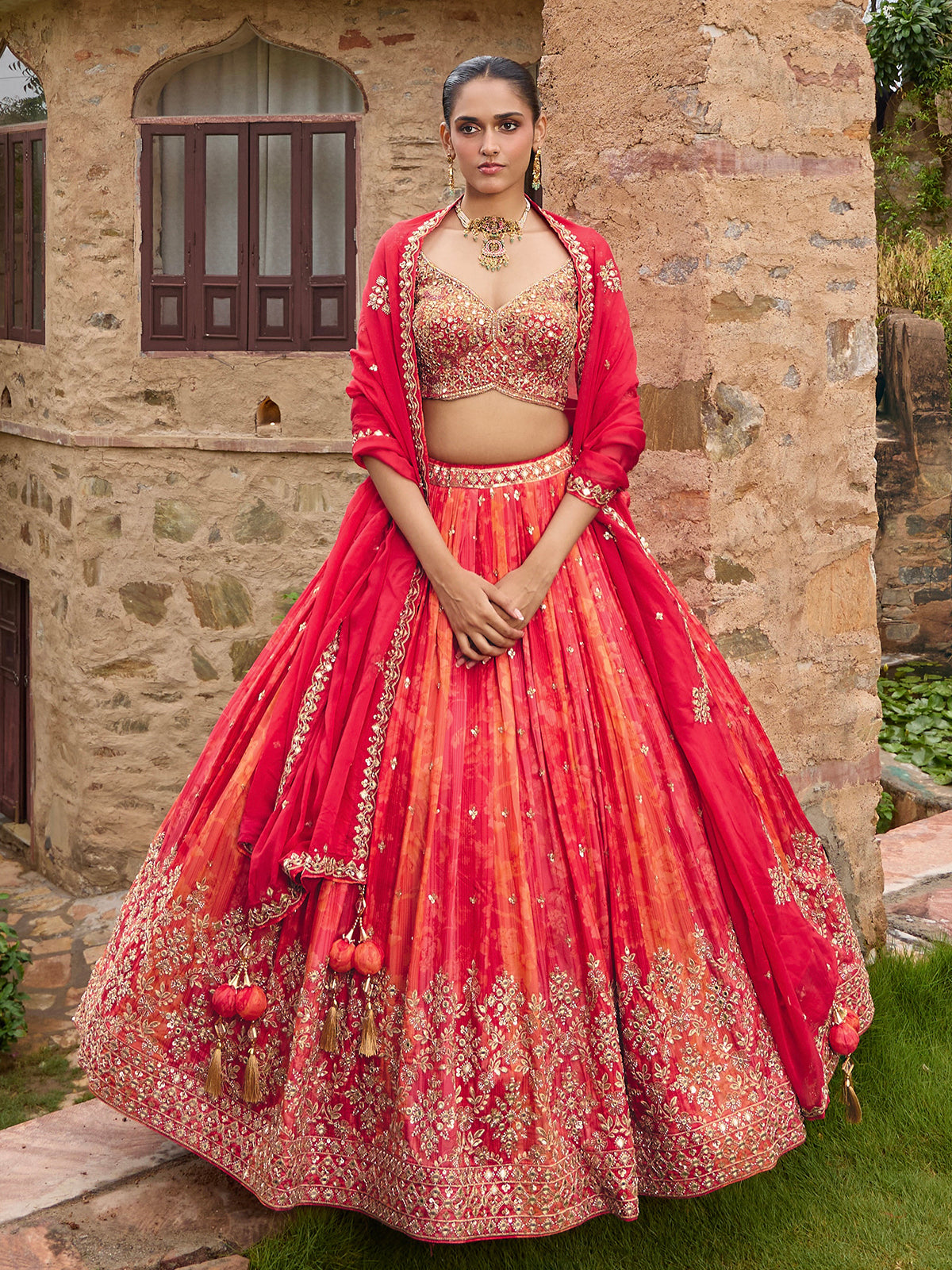 Redish pink silk lehenga choli with embellished dupatta