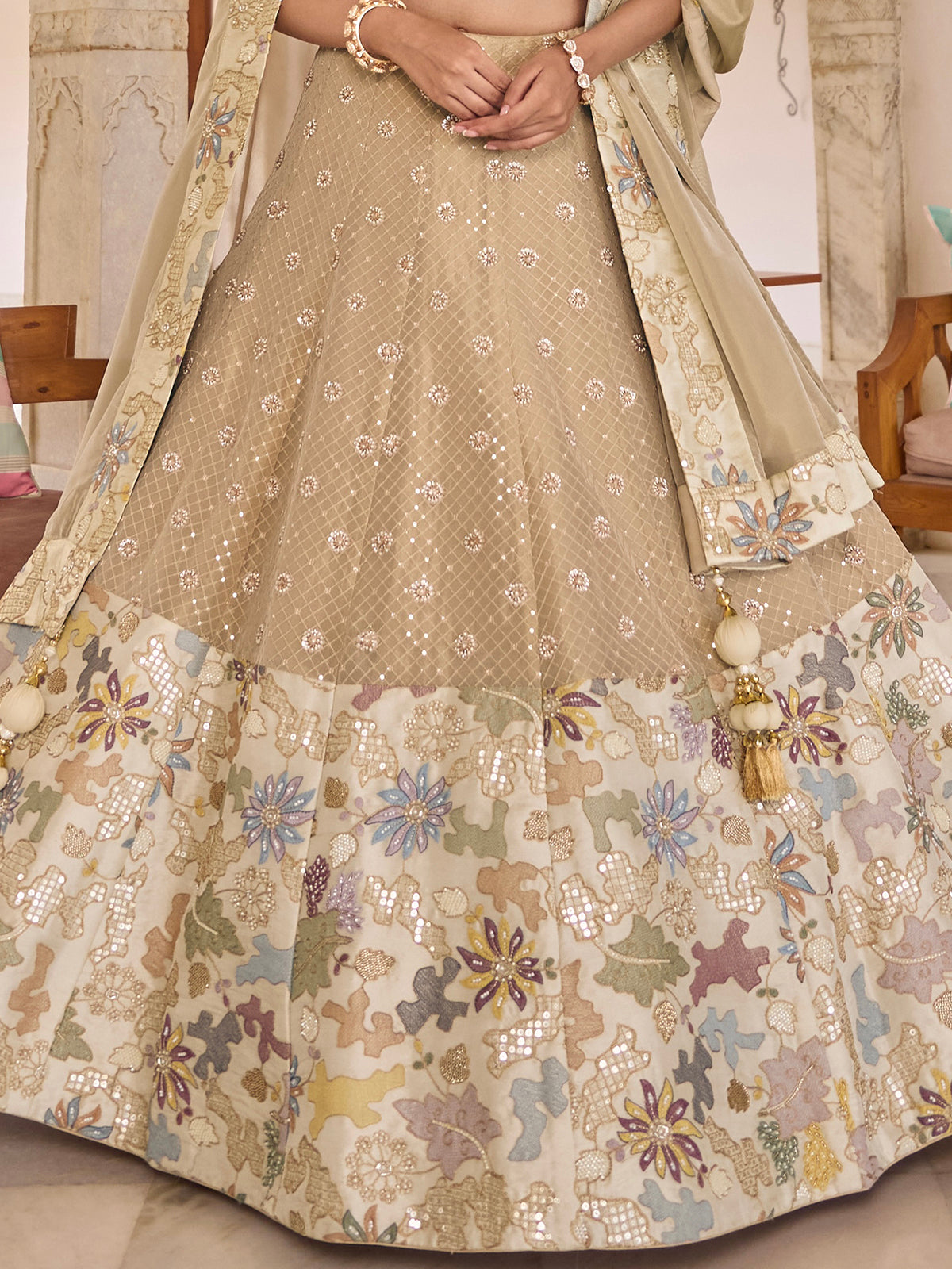 Beige tissue silk lehenga choli with embellished festive dupatta