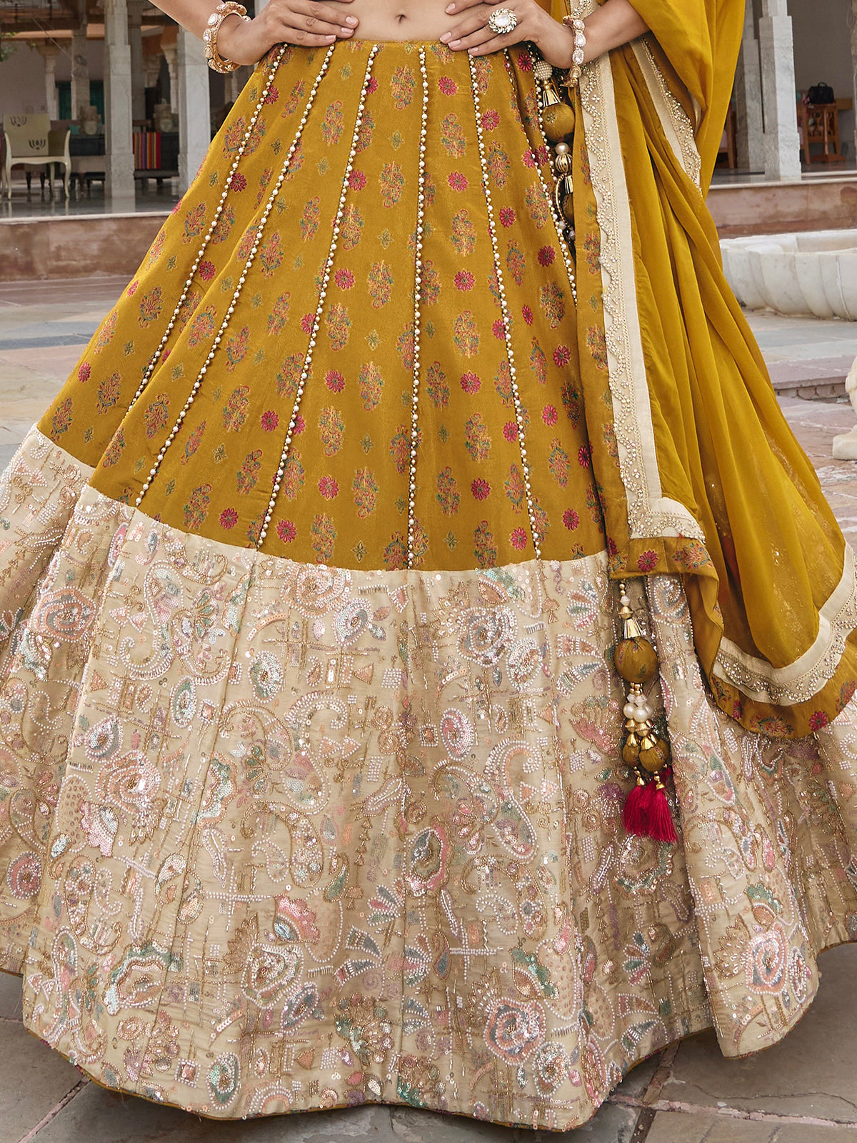 Mehendi yellow silk lehenga choli with dupatta