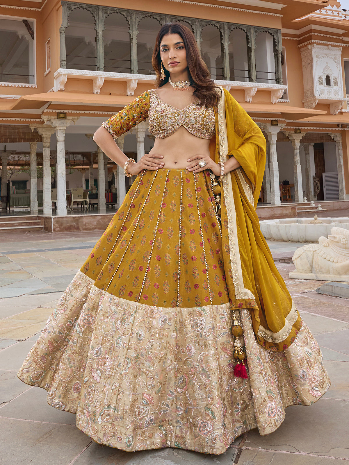 Mehendi yellow silk lehenga choli with dupatta