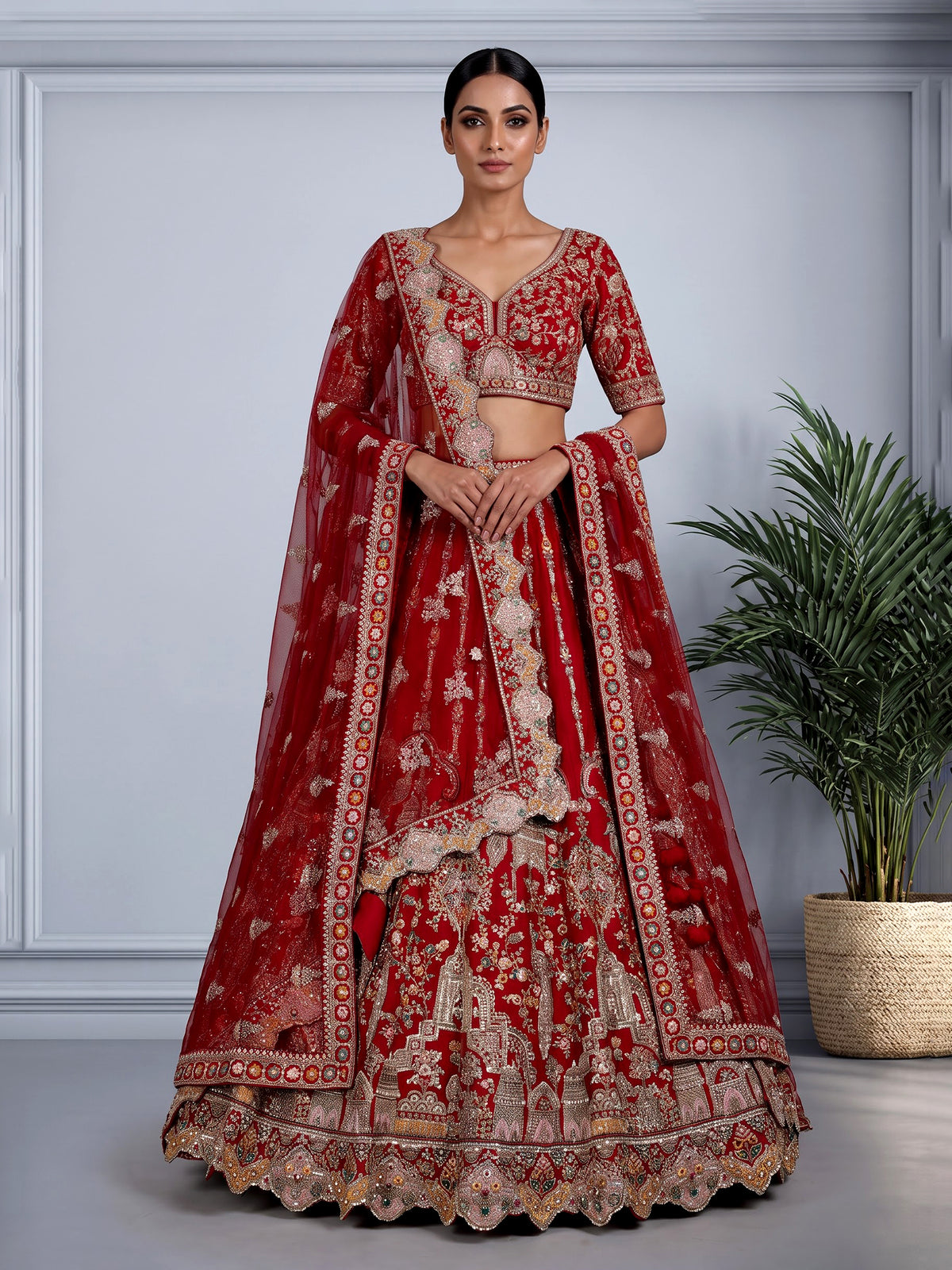 Red bridal raw silk women lehenga choli