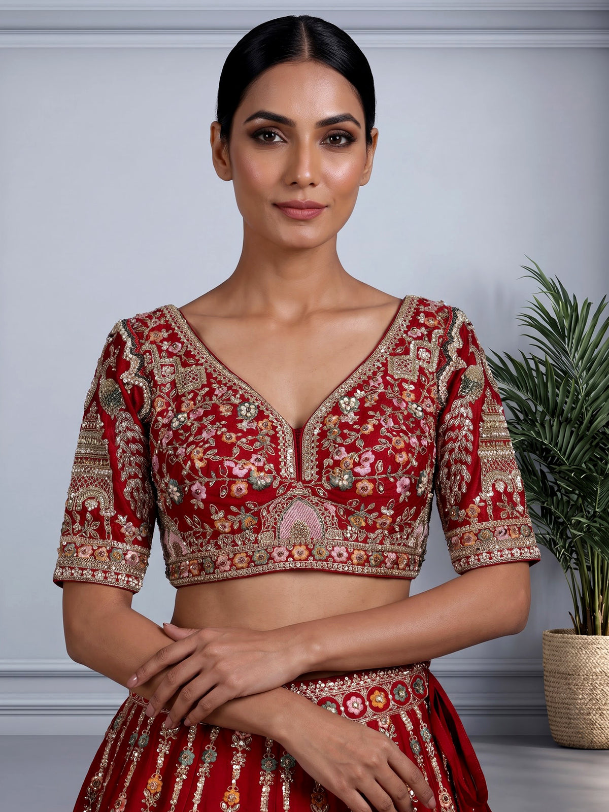Red bridal raw silk women lehenga choli