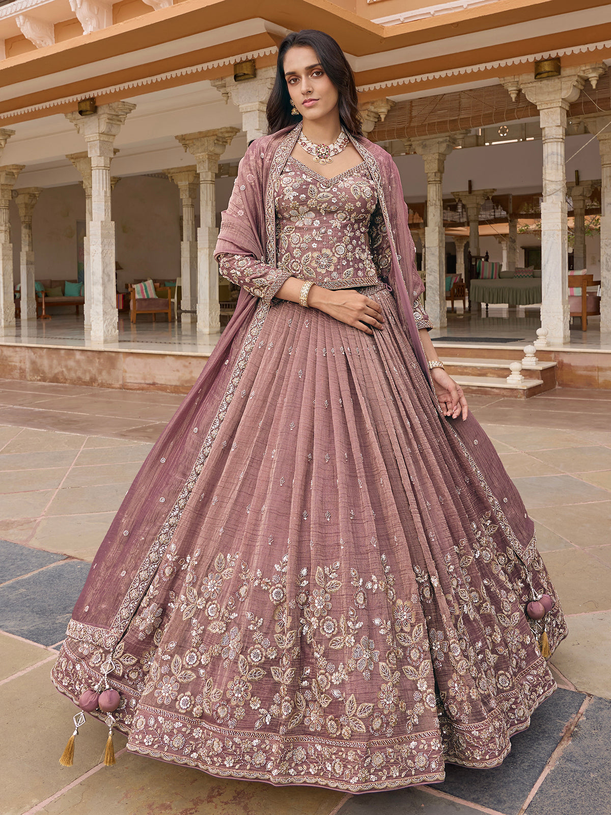 Onion pink chiffon silk lehenga choli with dupatta