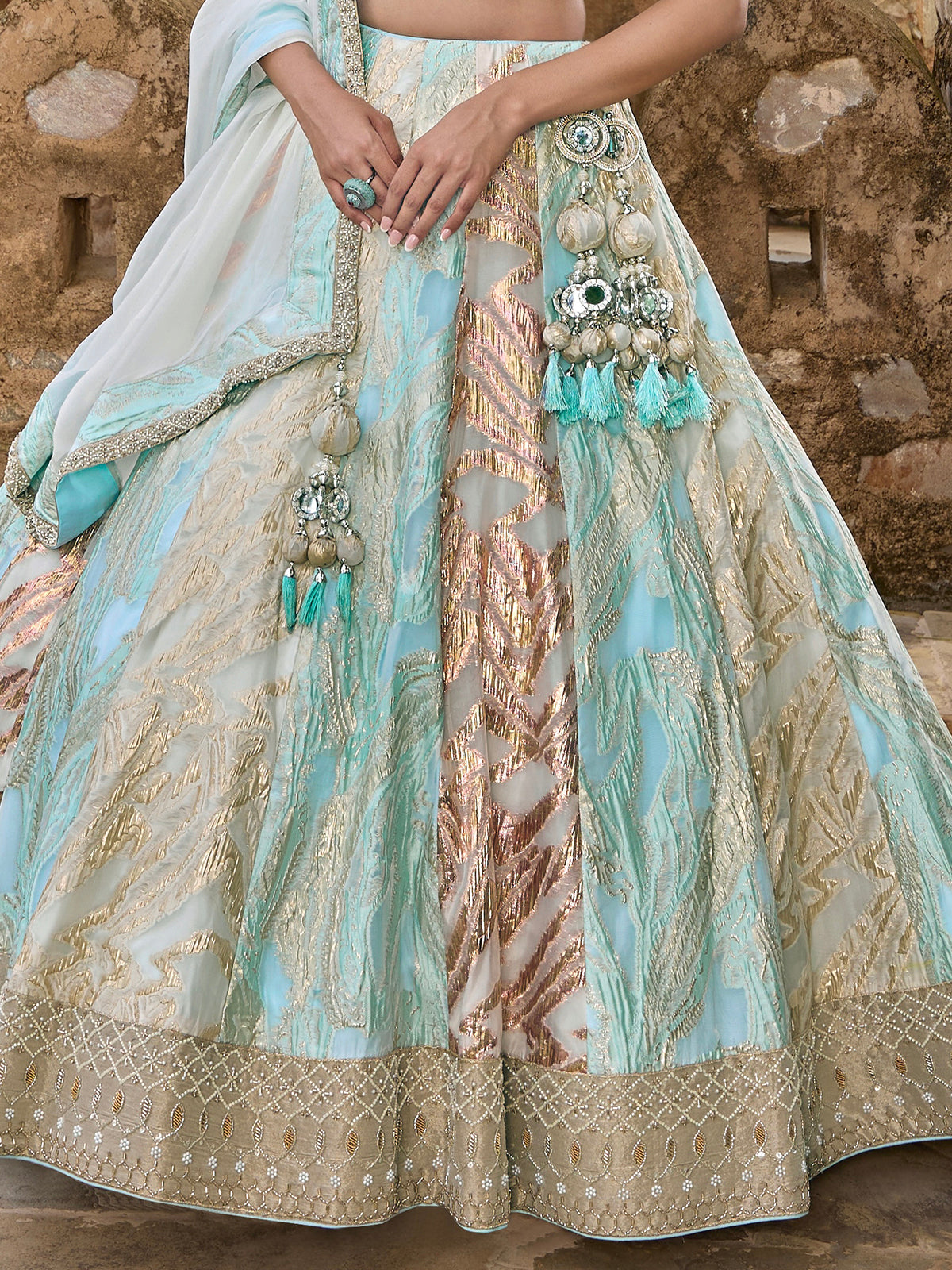 Sky blue tissue silk lehenga choli with embellished dupatta