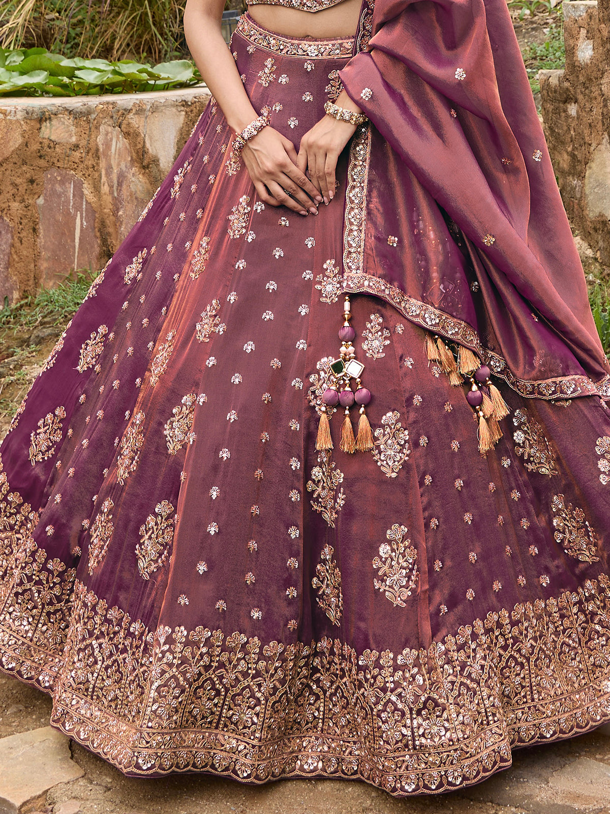 Pastel wine silk lehenga choli with embellished festive dupatta