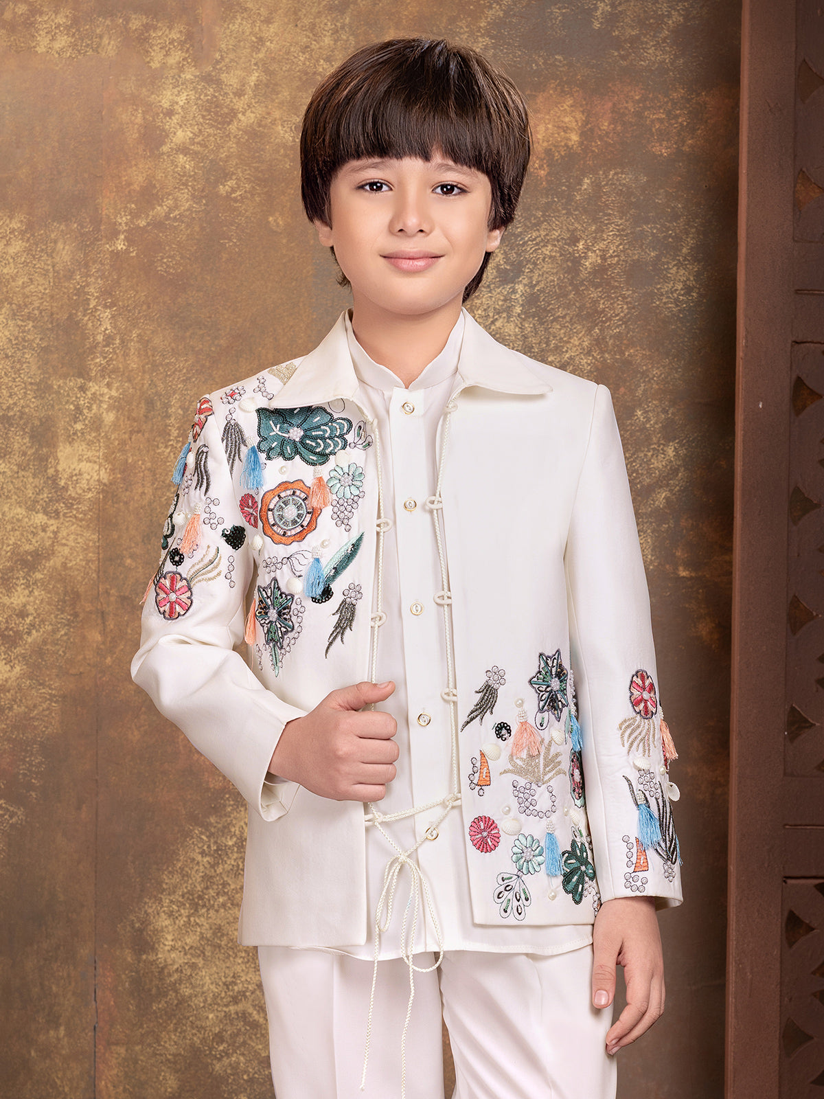 White floral applique boys indo western ensemble