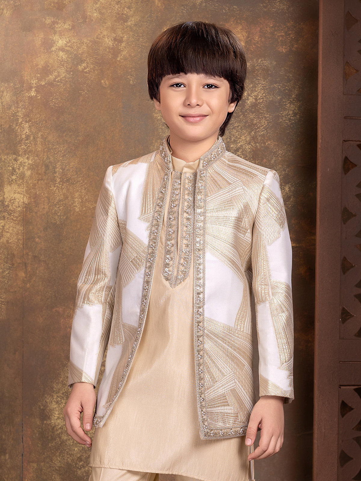 Beige geometric embroidered boys indo western outfit