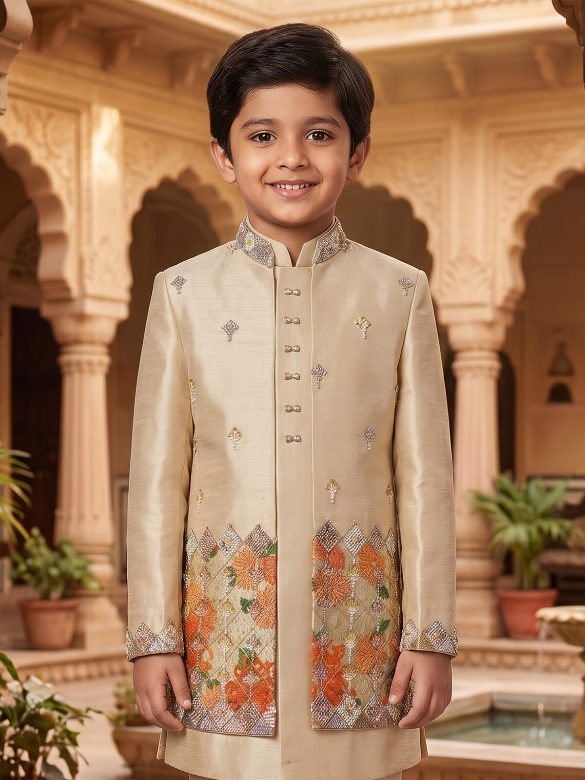 Beige geometric chevron boys indo western outfit