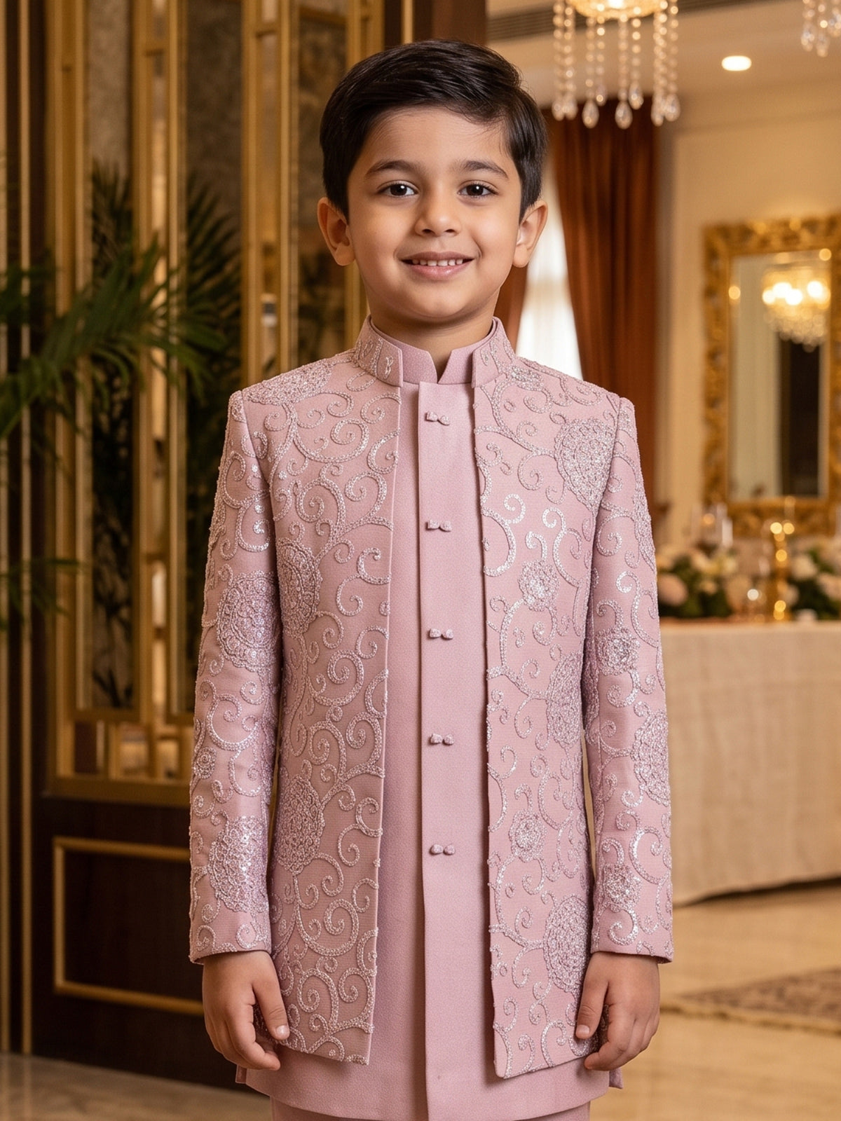 Onion pink embroidered boys indo western ensemble