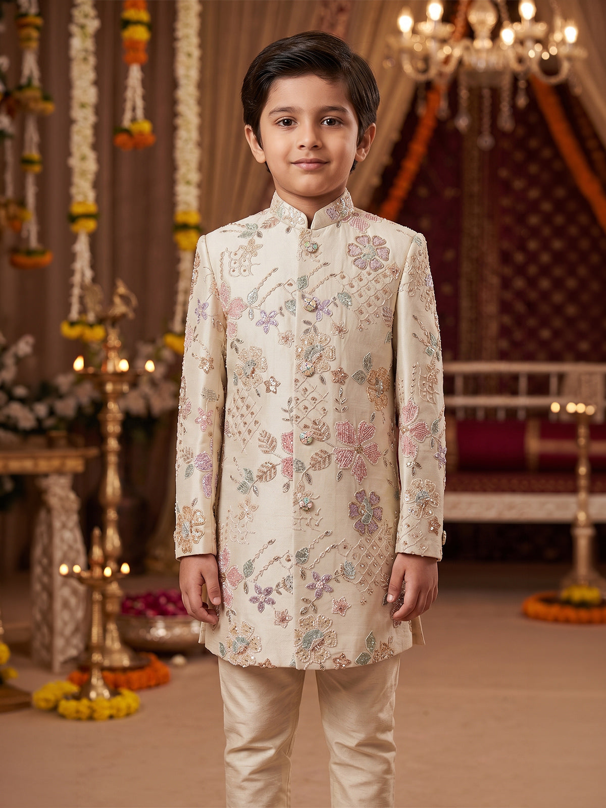 Cream pastel floral boys indo western