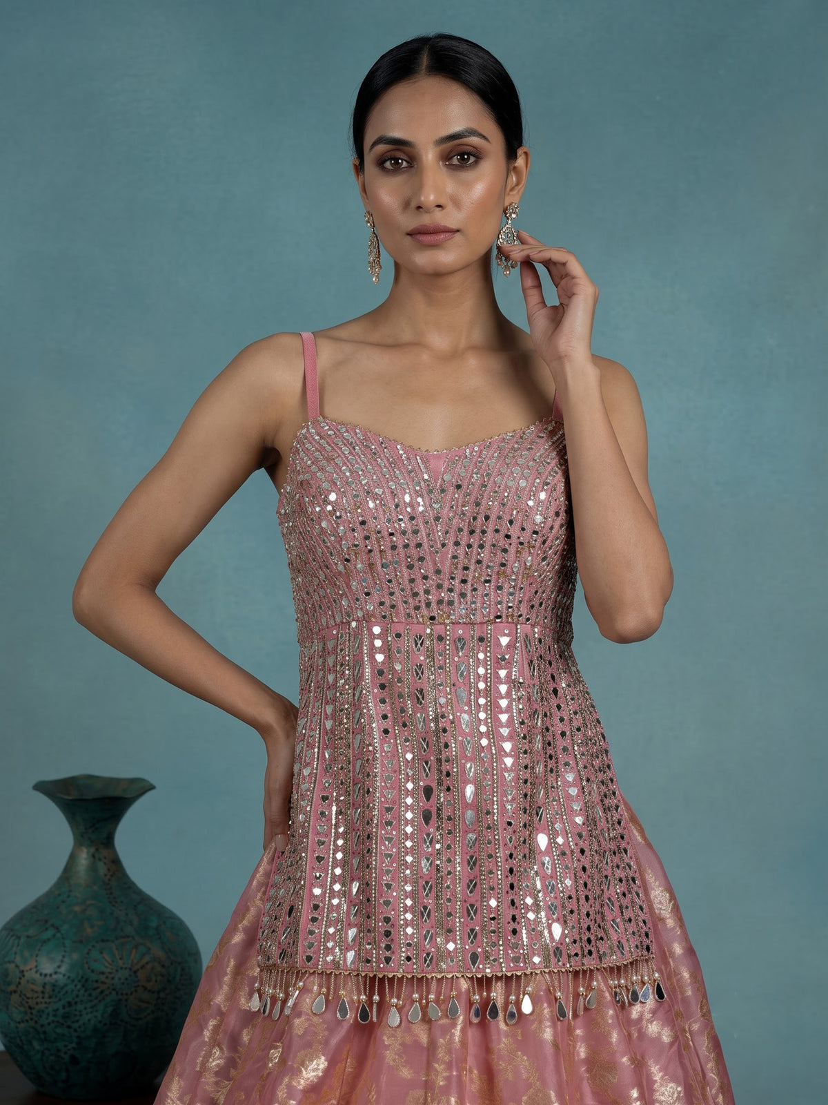 Pink mirror work women lehenga choli