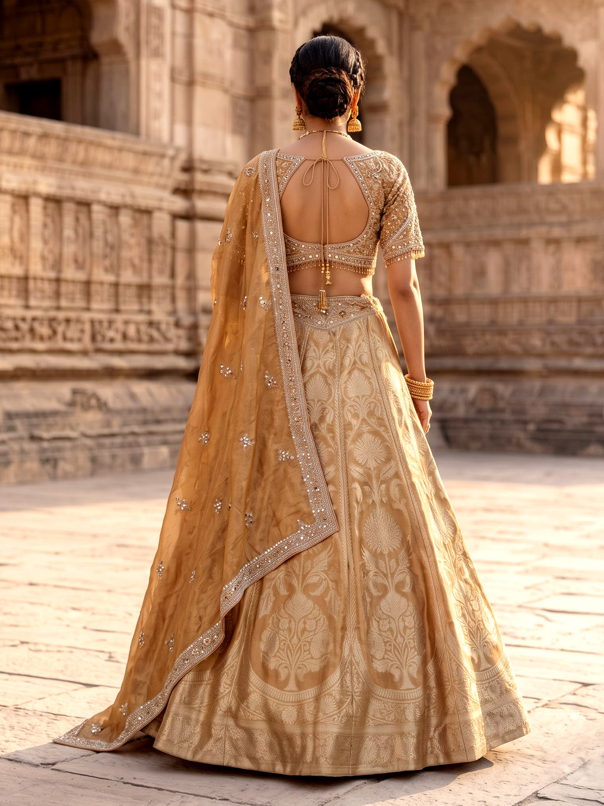Antique gold banarasi silk lehenga choli with tissue silk dupatta