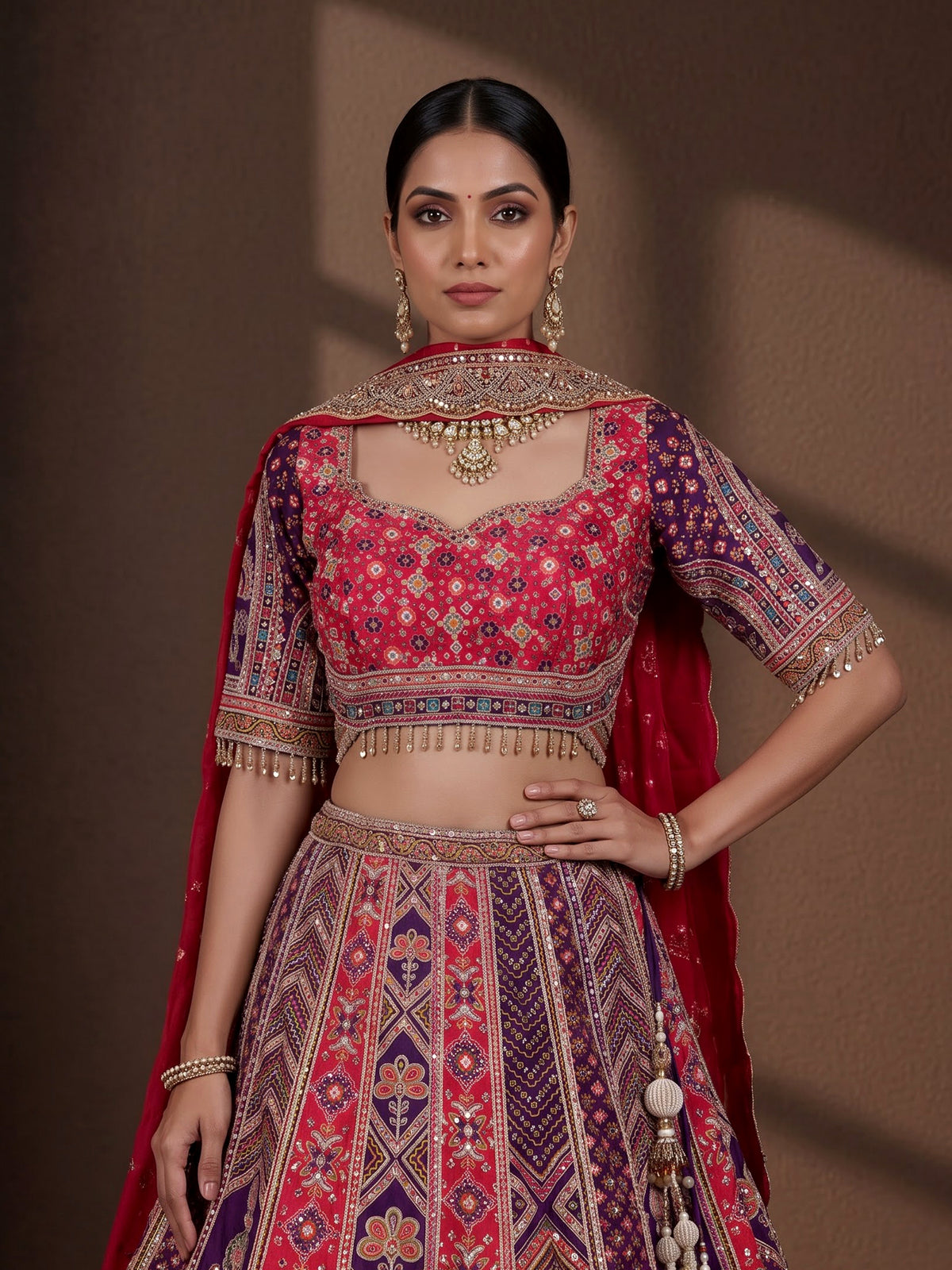 Rani pink purple lehenga choli with embroidered dupatta