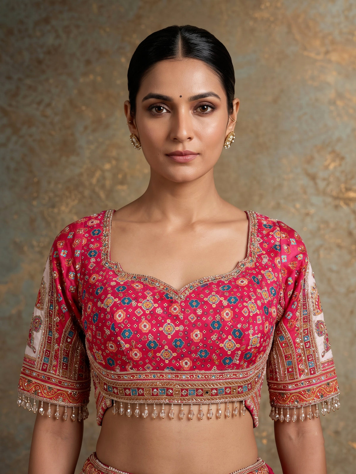 Red ivory lehenga choli with vibrant pink dupatta