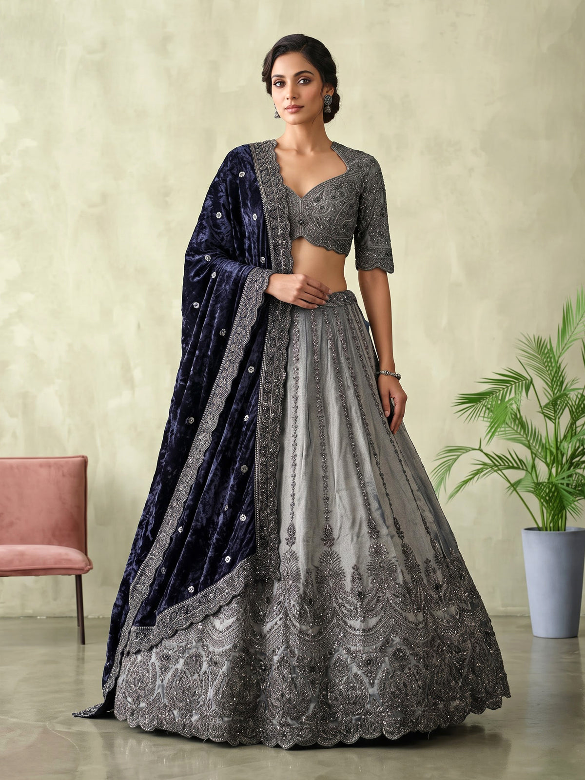 Silver grey lehenga choli with midnight blue dupatta