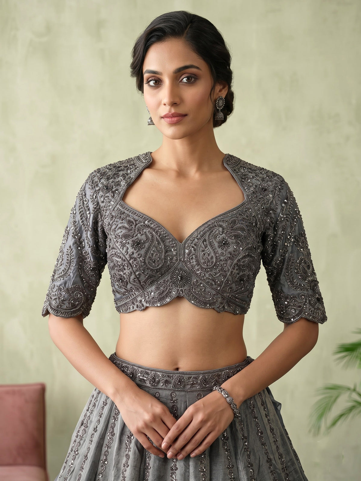 Silver grey lehenga choli with midnight blue dupatta