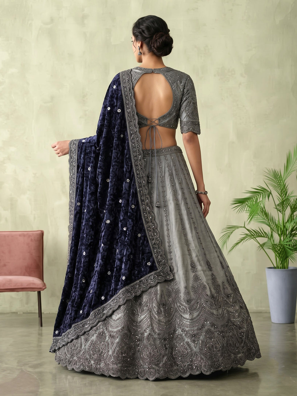 Silver grey lehenga choli with midnight blue dupatta